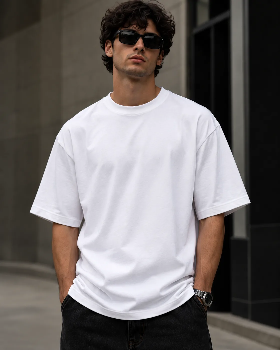 White oversized T-shirt with SOUL 07 floral back graphic worn by a male model
