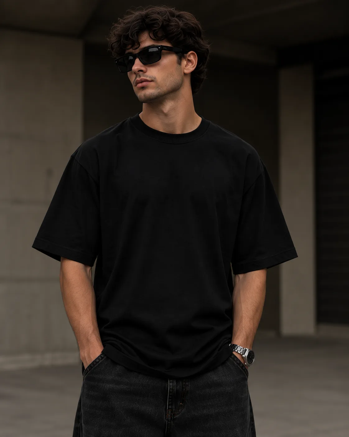 Black oversized T-shirt with SOUL 07 floral back graphic worn by a male model