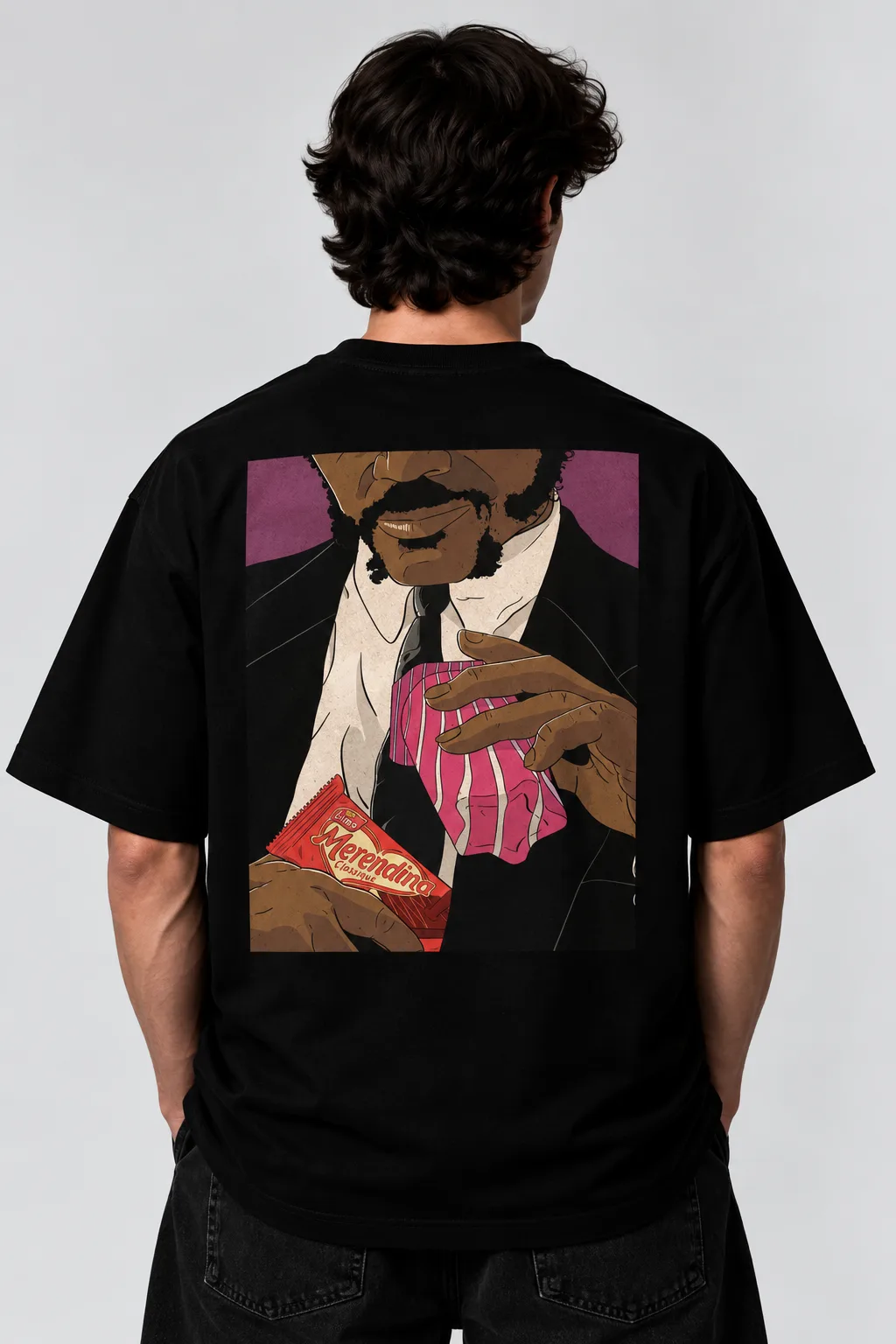 Black and white oversized T-shirts featuring a colorful illustration inspired by Merendina and Raibi.