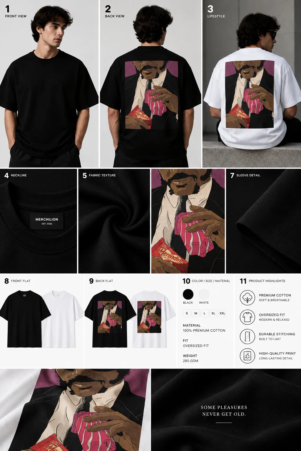 Black and white oversized T-shirts featuring a colorful illustration inspired by Merendina and Raibi.