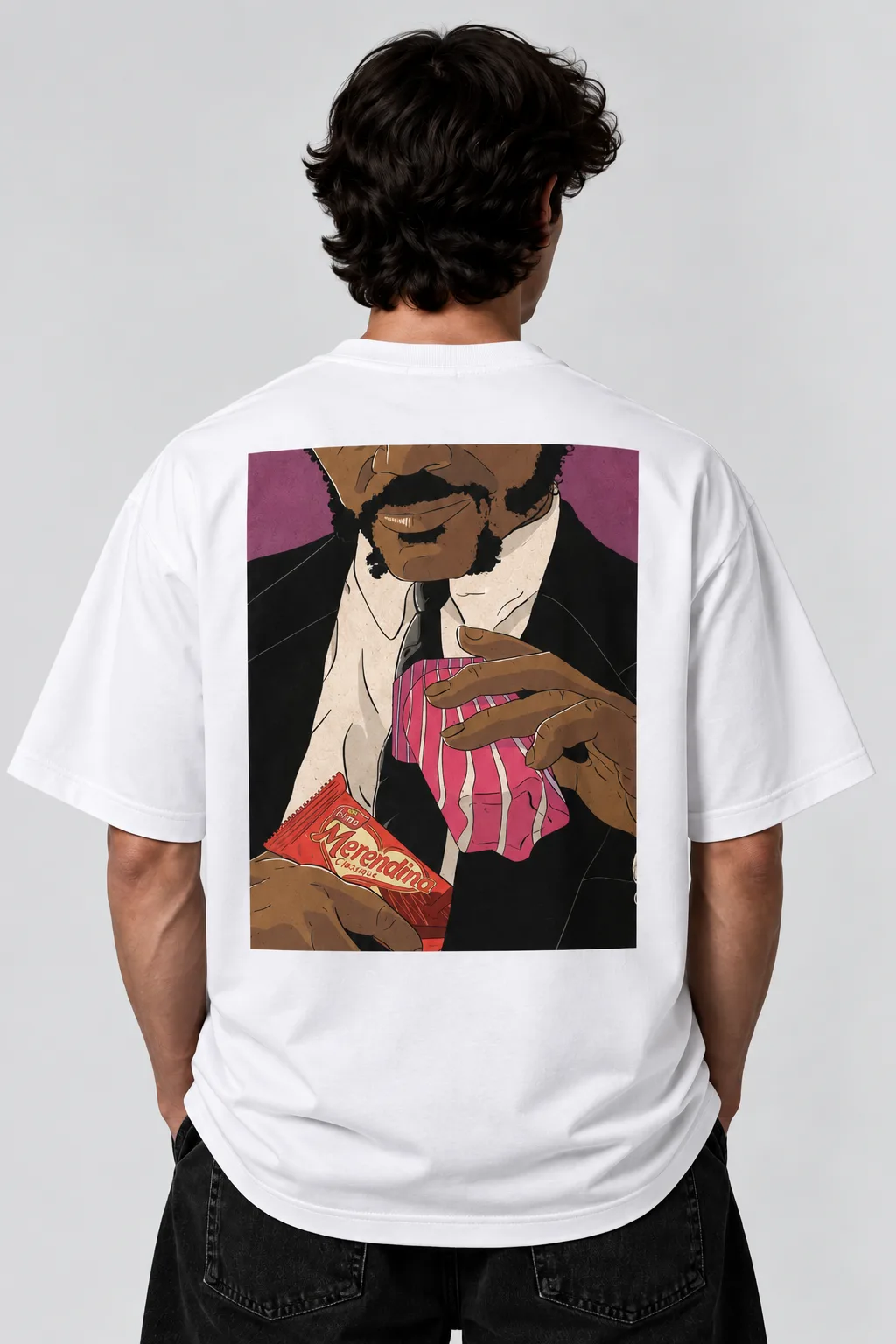 Black and white oversized T-shirts featuring a colorful illustration inspired by Merendina and Raibi.