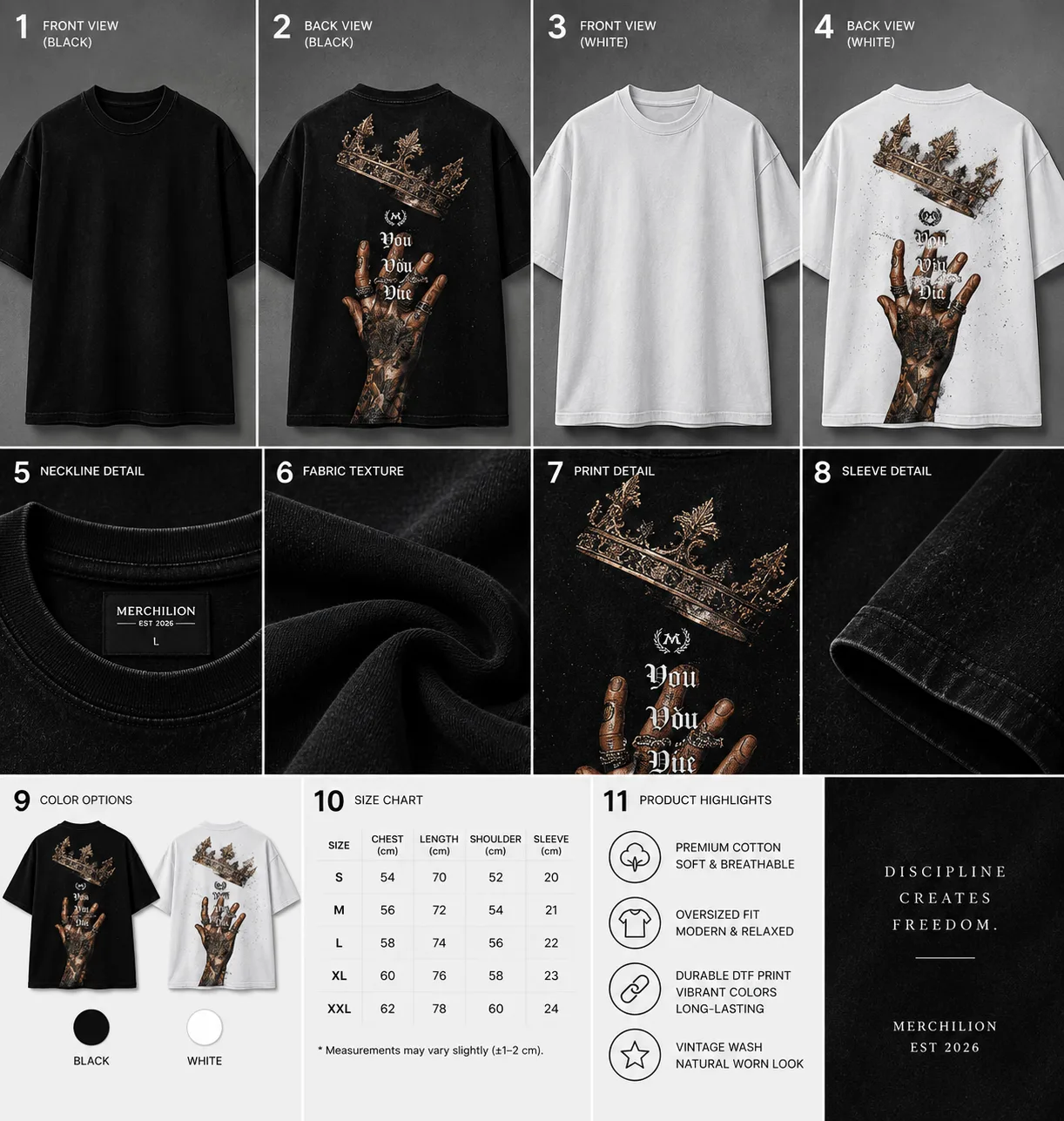 Black and white oversized T-shirts featuring a crown, gothic lettering, and a tattooed hand graphic on the back.