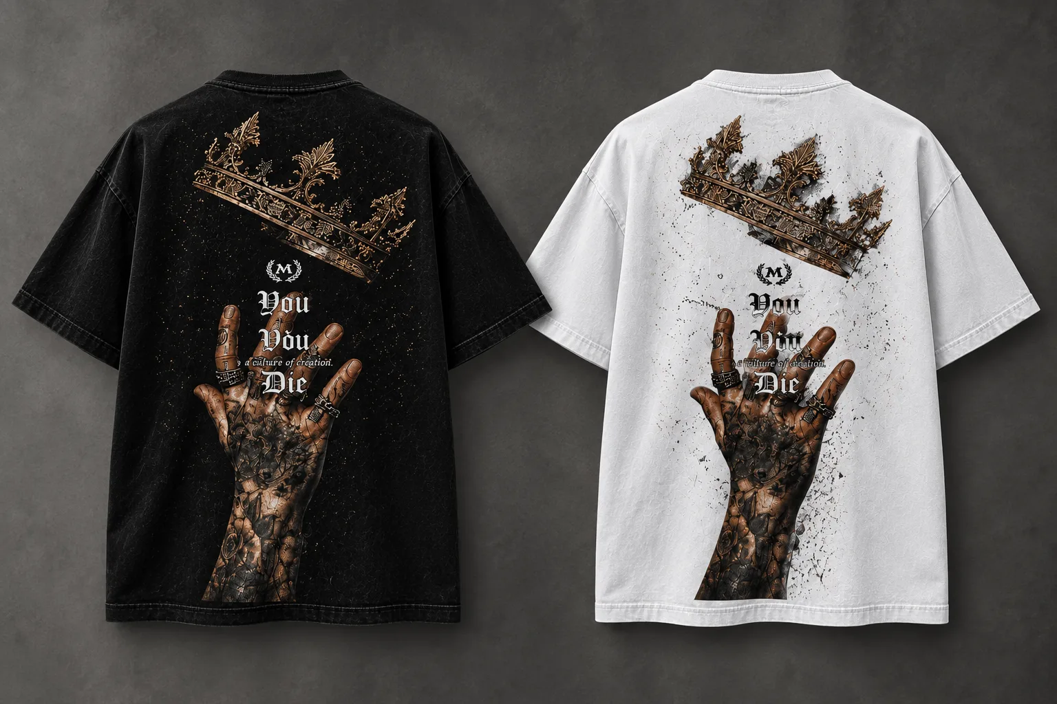 Black and white oversized T-shirts featuring a crown, gothic lettering, and a tattooed hand graphic on the back.