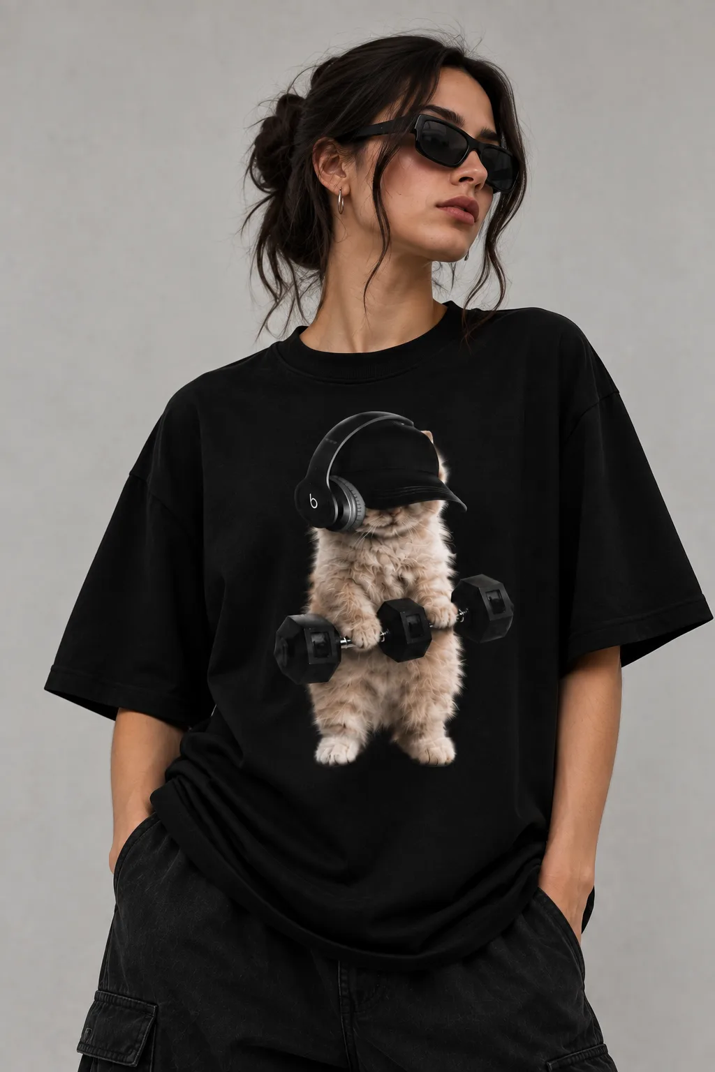 Alt text  Black and white oversized T-shirts featuring a playful cat wearing a cap and headphones with dumbbells on the back.