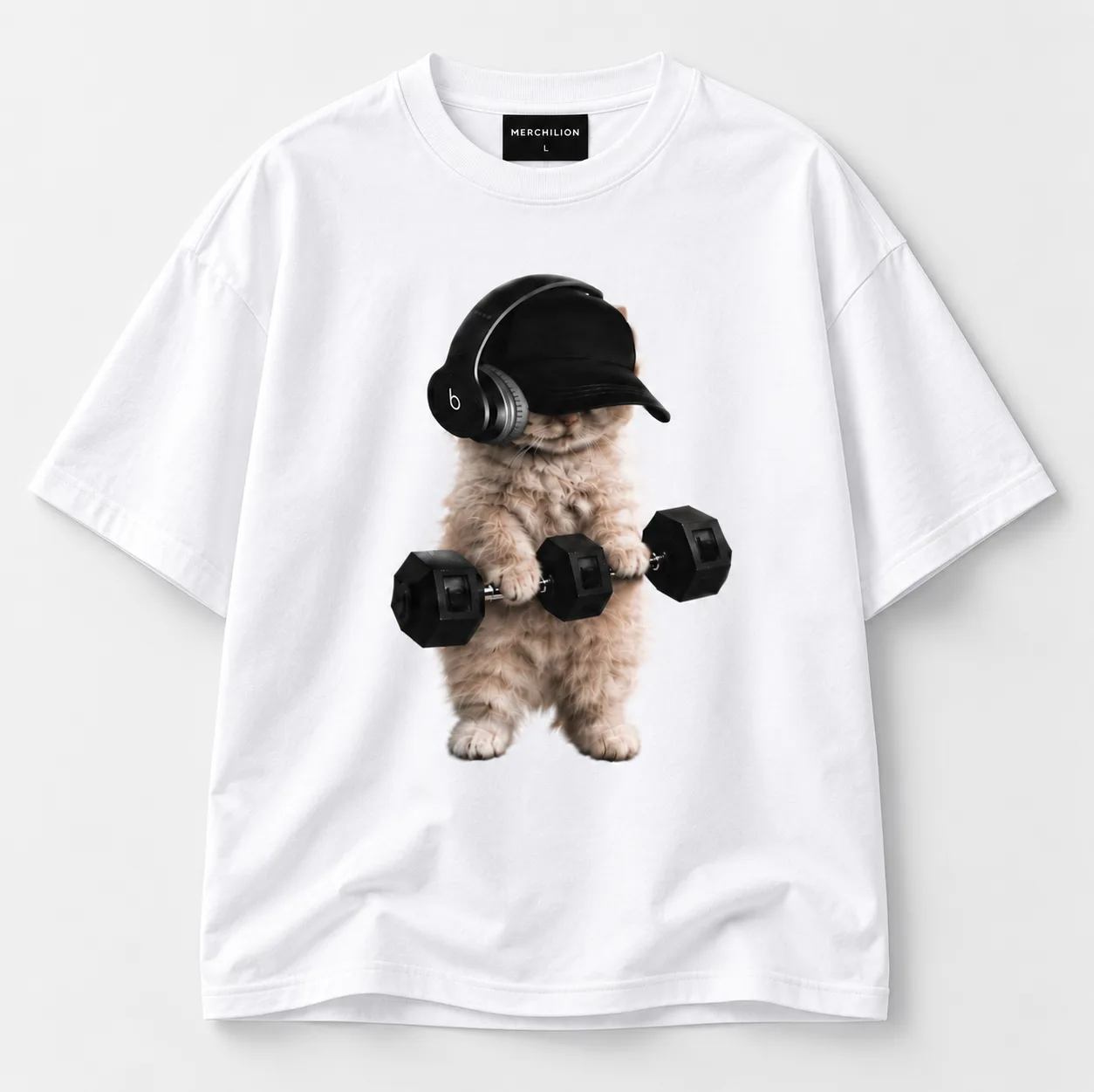 Alt text  Black and white oversized T-shirts featuring a playful cat wearing a cap and headphones with dumbbells on the back.