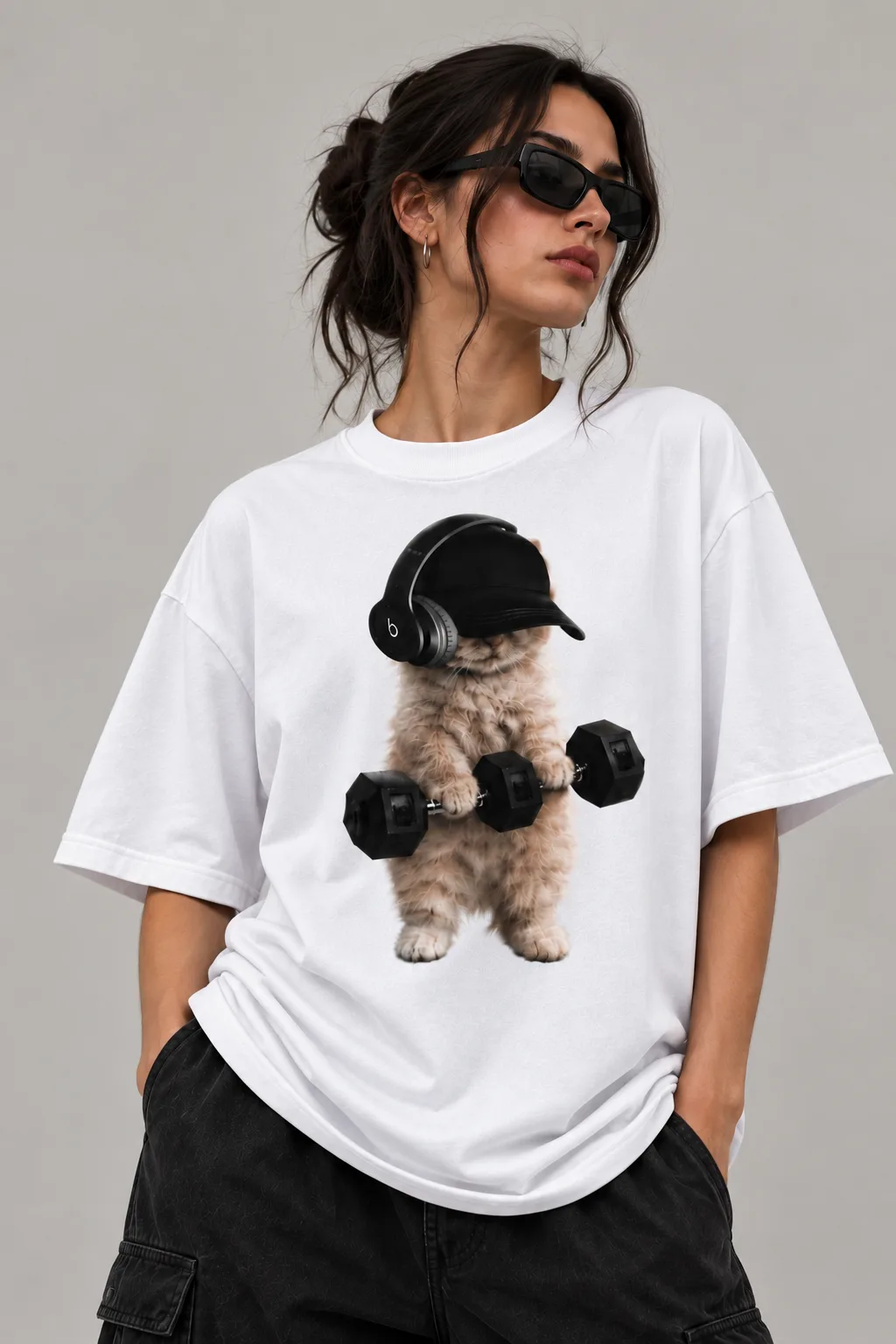Alt text  Black and white oversized T-shirts featuring a playful cat wearing a cap and headphones with dumbbells on the back.