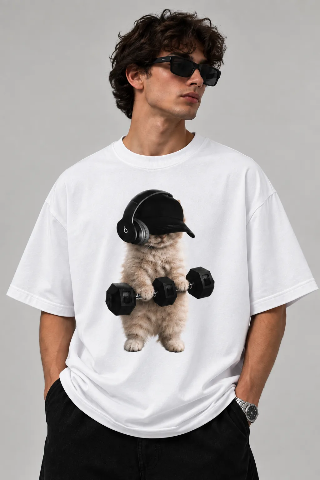 Alt text  Black and white oversized T-shirts featuring a playful cat wearing a cap and headphones with dumbbells on the back.