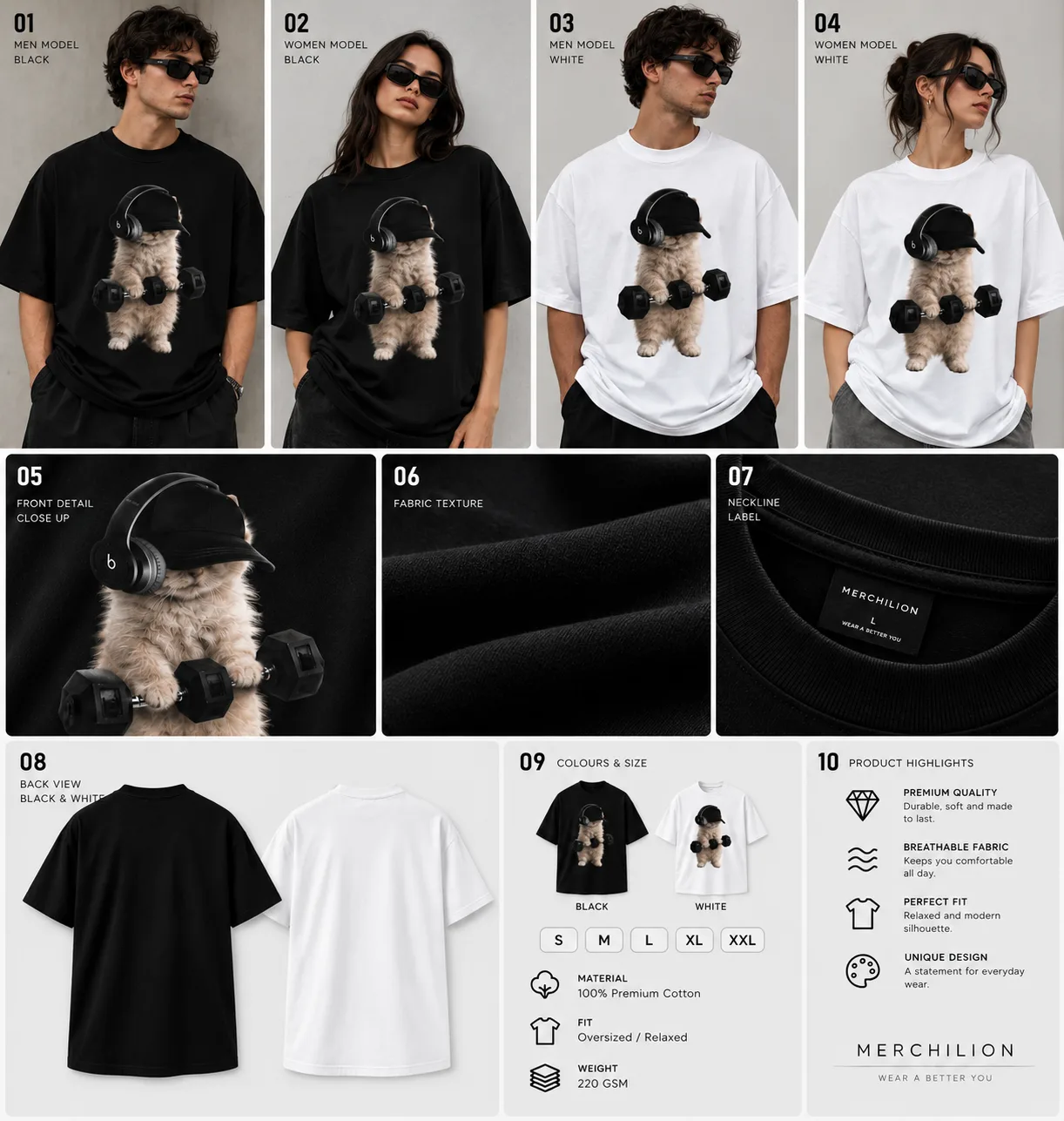 Alt text  Black and white oversized T-shirts featuring a playful cat wearing a cap and headphones with dumbbells on the back.