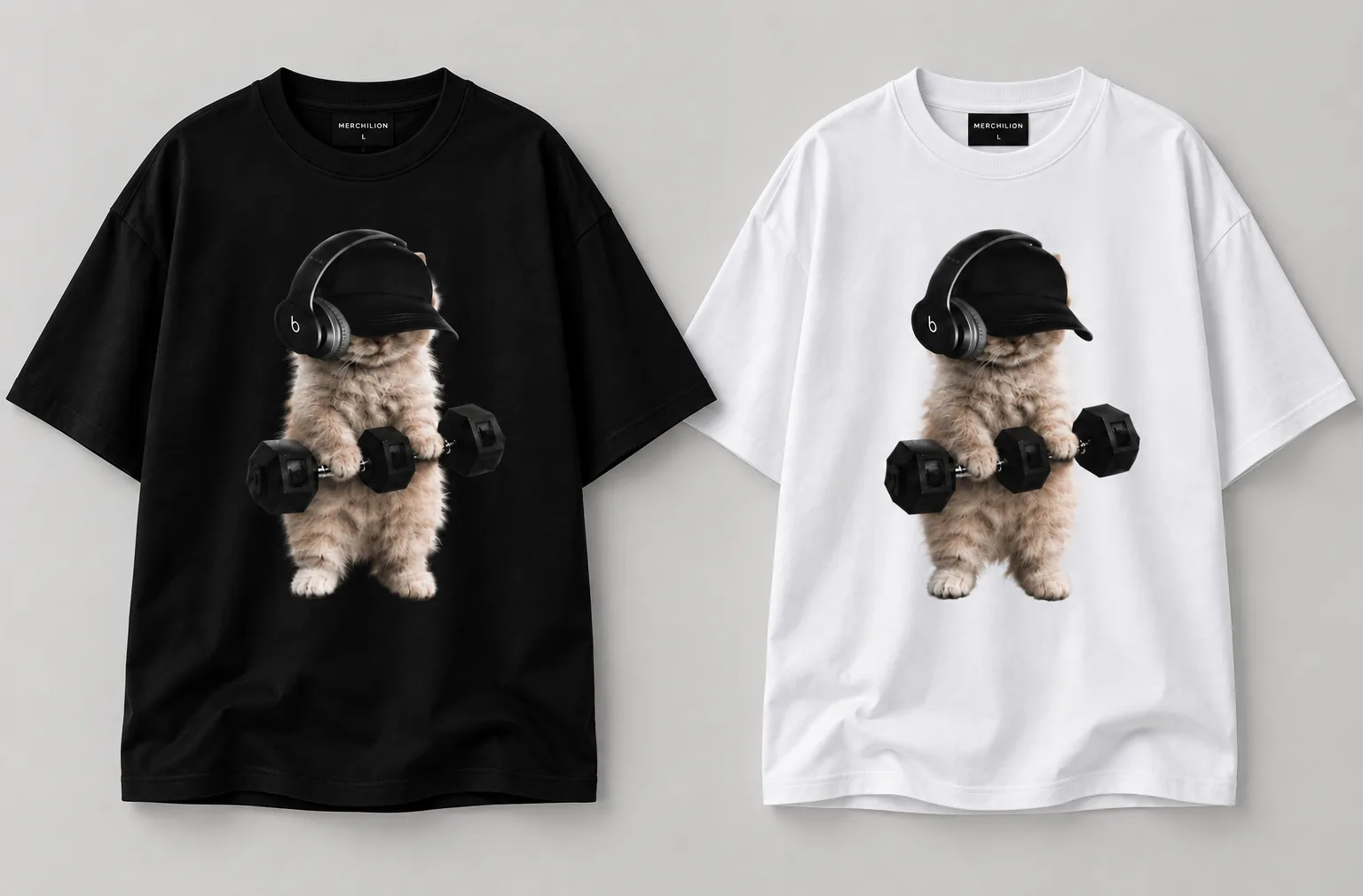 Alt text  Black and white oversized T-shirts featuring a playful cat wearing a cap and headphones with dumbbells on the back.