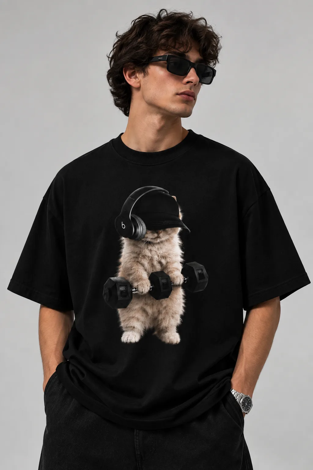 Alt text  Black and white oversized T-shirts featuring a playful cat wearing a cap and headphones with dumbbells on the back.