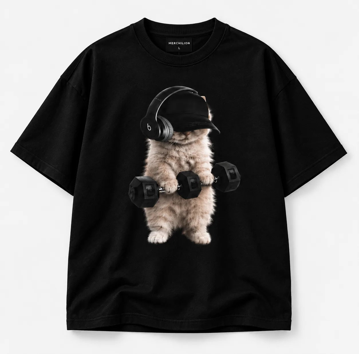 Alt text  Black and white oversized T-shirts featuring a playful cat wearing a cap and headphones with dumbbells on the back.
