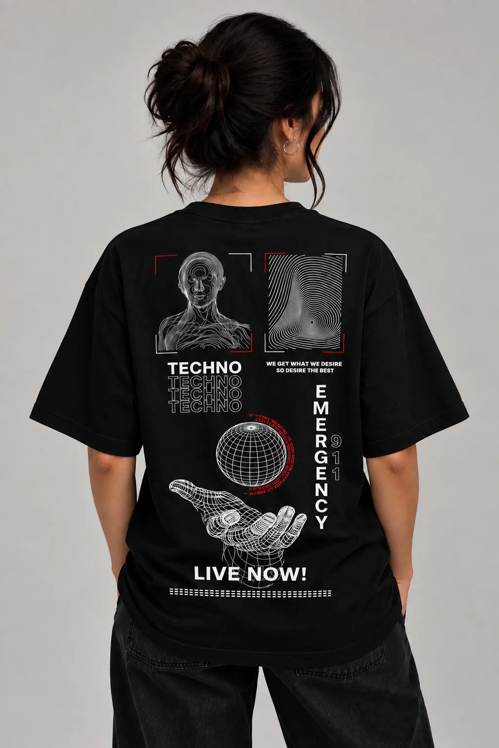 Black and white oversized T-shirts featuring a futuristic techno graphic with wireframe portraits, fingerprint patterns, a digital globe, a wireframe hand, “TECHNO,” “EMERGENCY 911,” and “LIVE NOW!”
