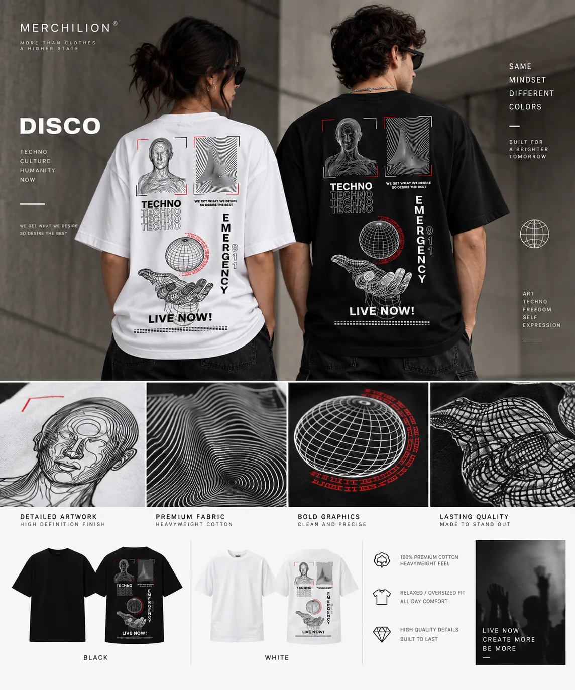 Black and white oversized T-shirts featuring a futuristic techno graphic with wireframe portraits, fingerprint patterns, a digital globe, a wireframe hand, “TECHNO,” “EMERGENCY 911,” and “LIVE NOW!”