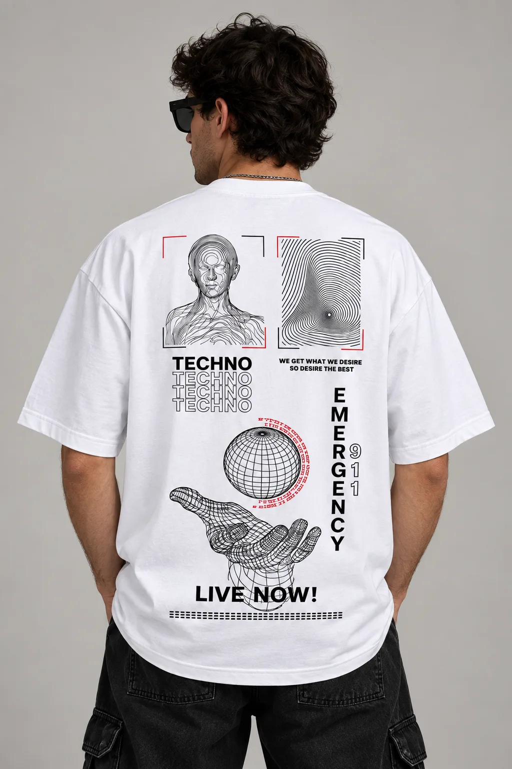 Black and white oversized T-shirts featuring a futuristic techno graphic with wireframe portraits, fingerprint patterns, a digital globe, a wireframe hand, “TECHNO,” “EMERGENCY 911,” and “LIVE NOW!”