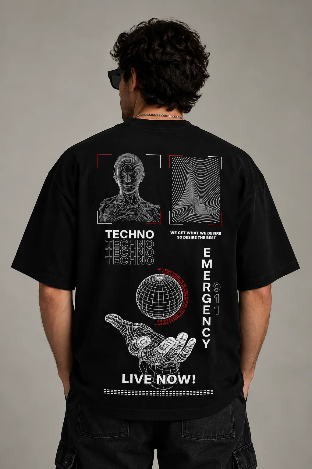 Black and white oversized T-shirts featuring a futuristic techno graphic with wireframe portraits, fingerprint patterns, a digital globe, a wireframe hand, “TECHNO,” “EMERGENCY 911,” and “LIVE NOW!”