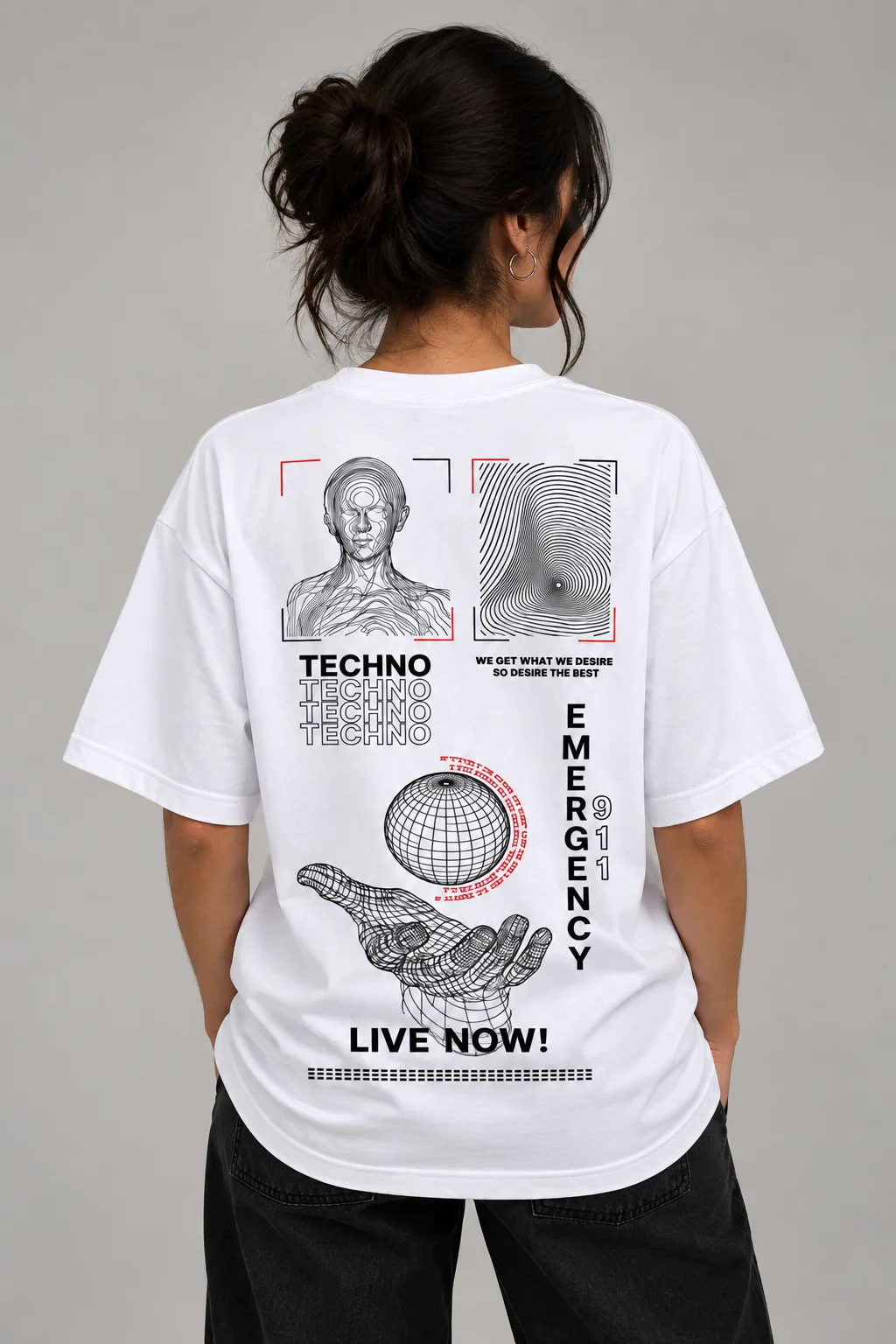 Black and white oversized T-shirts featuring a futuristic techno graphic with wireframe portraits, fingerprint patterns, a digital globe, a wireframe hand, “TECHNO,” “EMERGENCY 911,” and “LIVE NOW!”