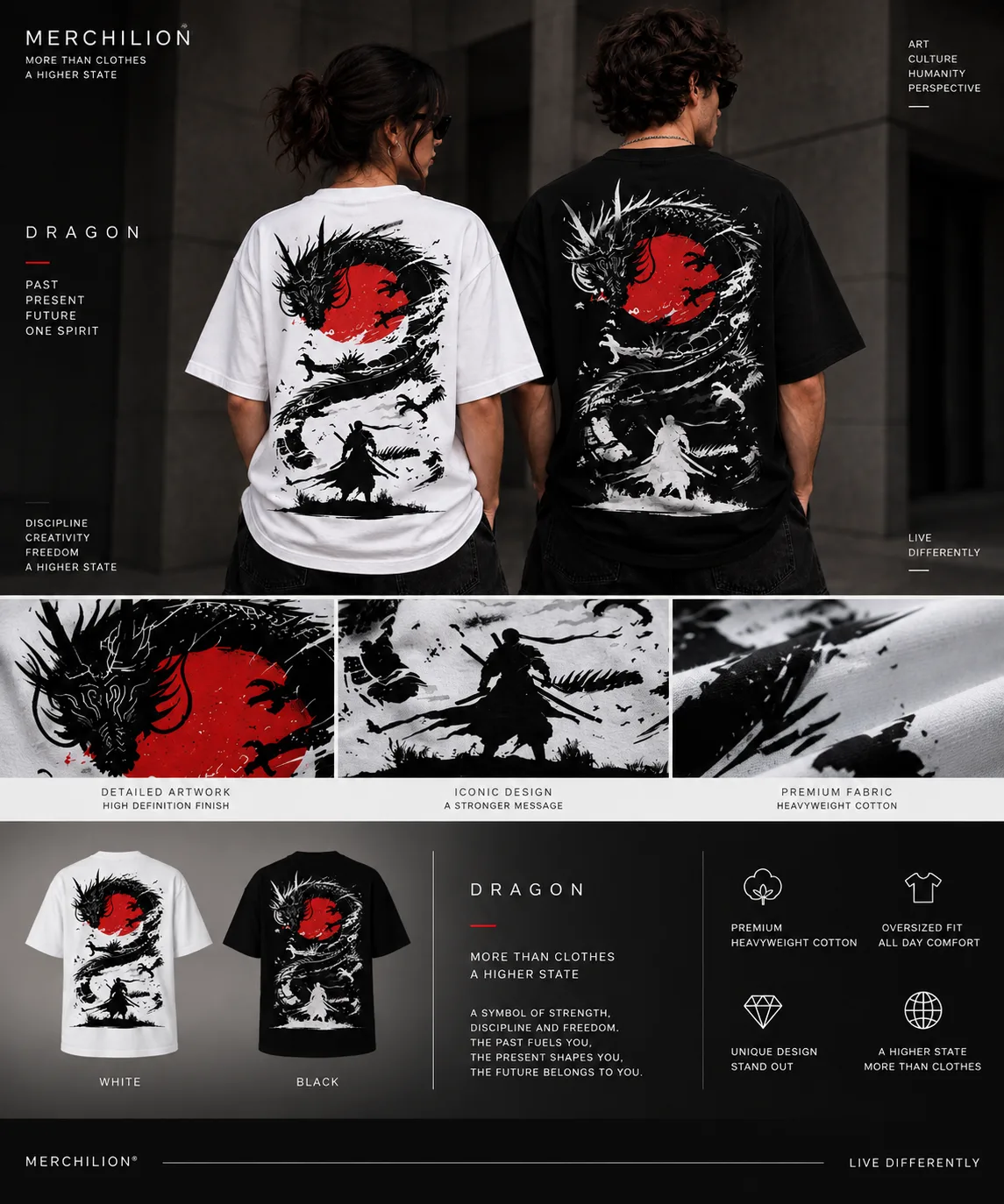 Black and white oversized T-shirts featuring a Japanese-inspired dragon, red sun, samurai silhouette, birds, and dynamic ink artwork on the back.