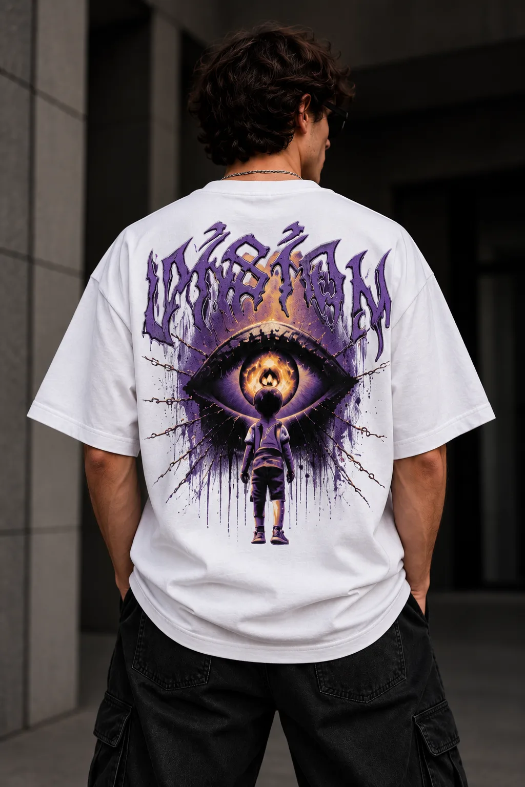 Black and white oversized T-shirts featuring a surreal purple eye graphic, gothic lettering, fiery details, and a figure looking into the eye.