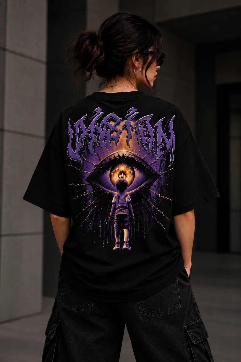 Black and white oversized T-shirts featuring a surreal purple eye graphic, gothic lettering, fiery details, and a figure looking into the eye.