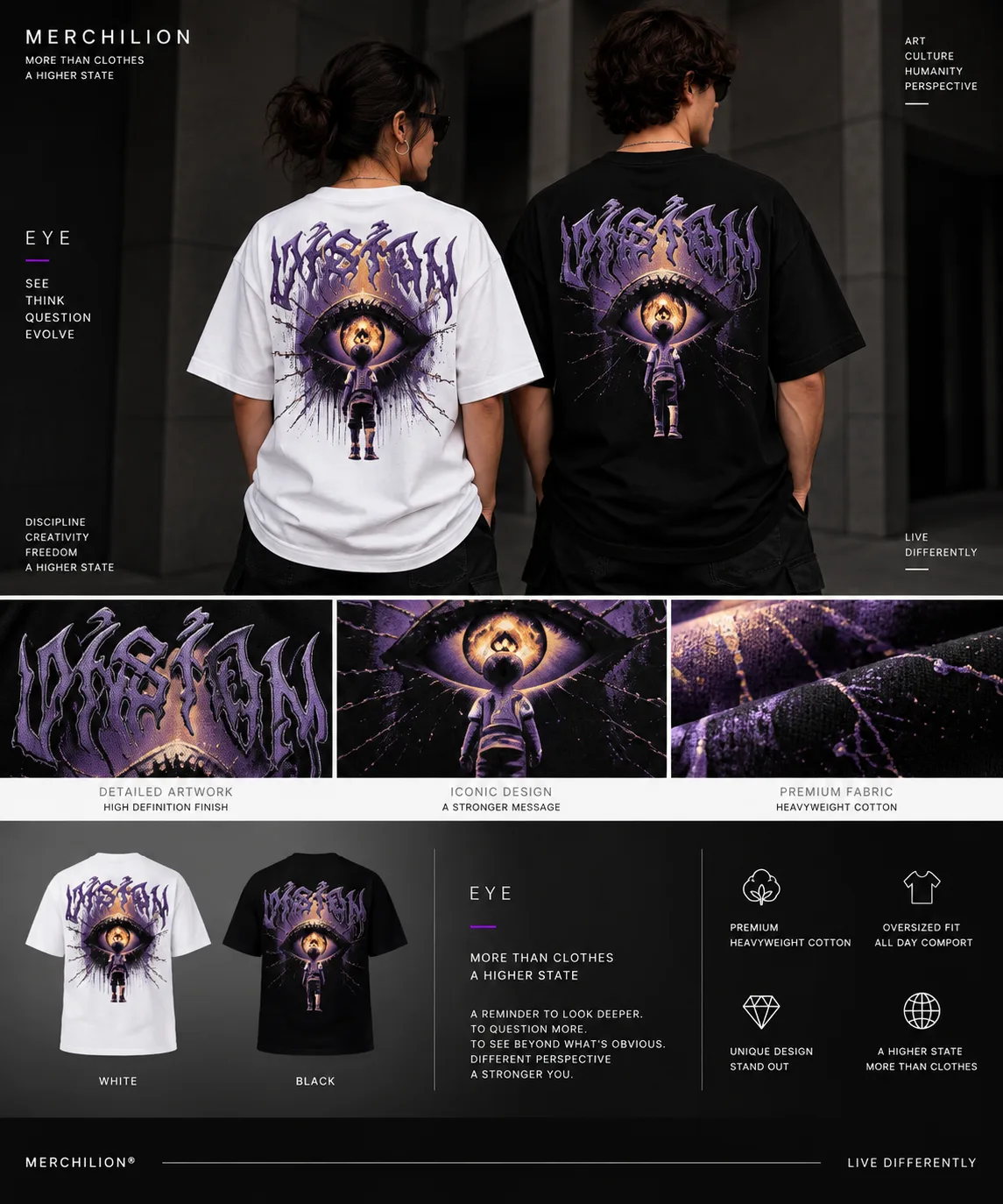 Black and white oversized T-shirts featuring a surreal purple eye graphic, gothic lettering, fiery details, and a figure looking into the eye.