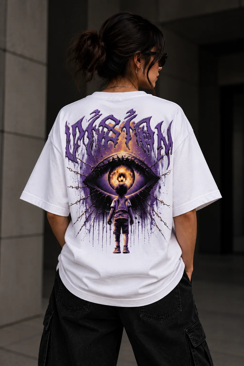 Black and white oversized T-shirts featuring a surreal purple eye graphic, gothic lettering, fiery details, and a figure looking into the eye.