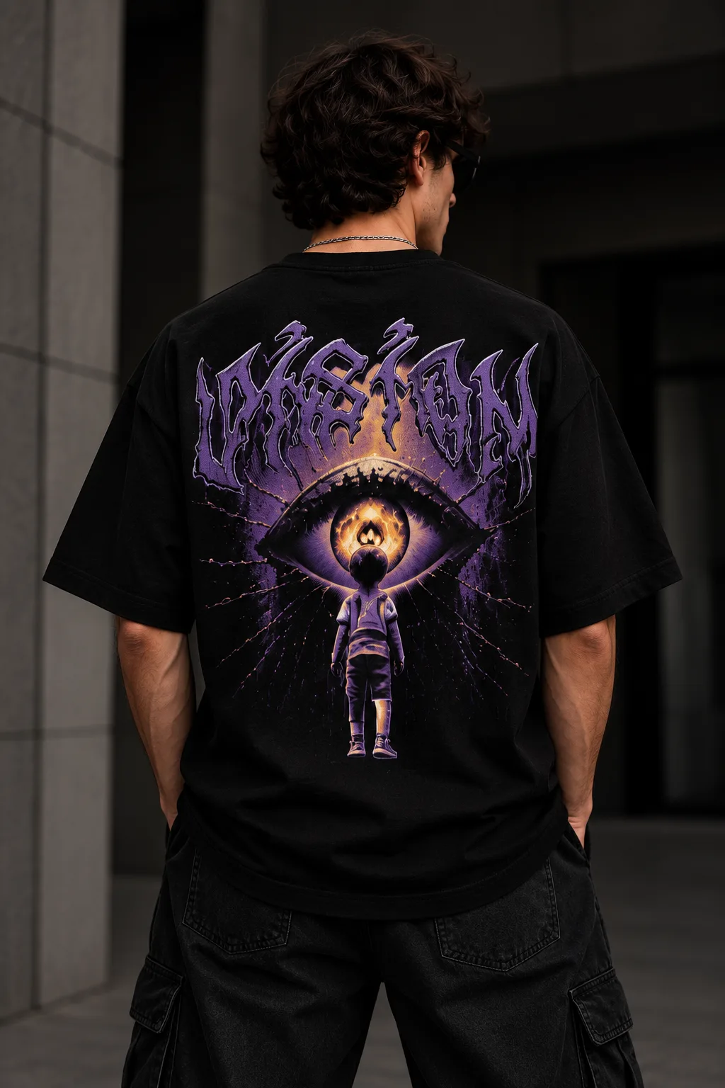 Black and white oversized T-shirts featuring a surreal purple eye graphic, gothic lettering, fiery details, and a figure looking into the eye.