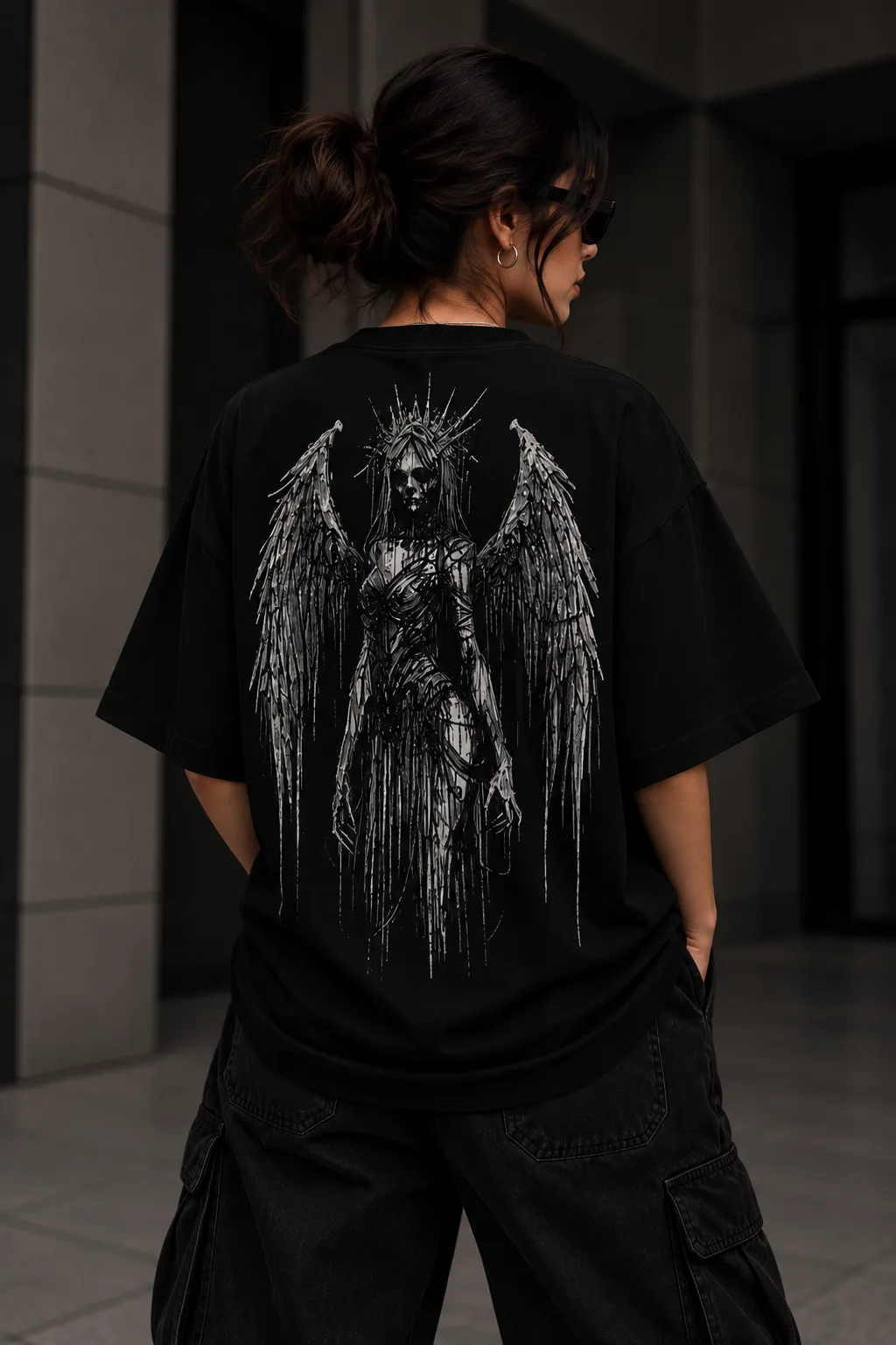 Black and white oversized T-shirts featuring a dark winged guardian figure with a crown-like halo and distressed ink-style artwork.