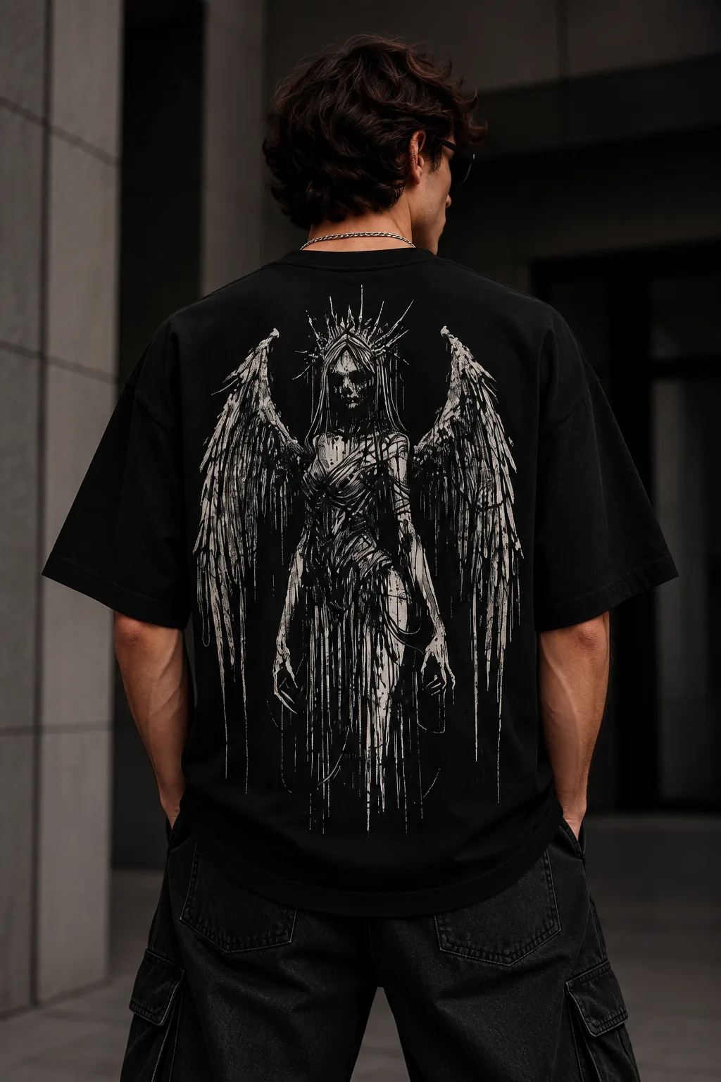 Black and white oversized T-shirts featuring a dark winged guardian figure with a crown-like halo and distressed ink-style artwork.