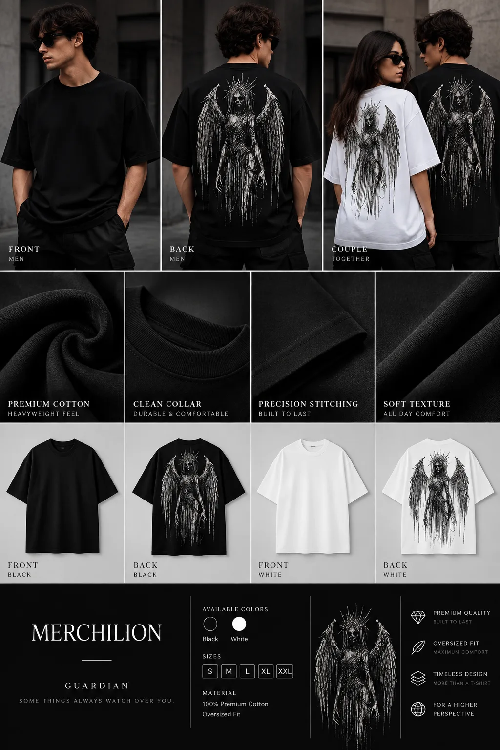 Black and white oversized T-shirts featuring a dark winged guardian figure with a crown-like halo and distressed ink-style artwork.