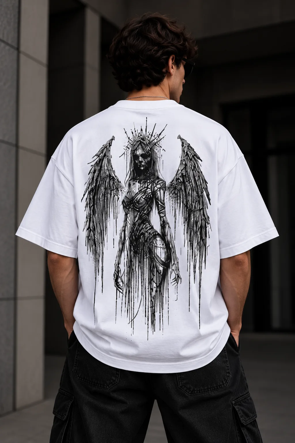 Black and white oversized T-shirts featuring a dark winged guardian figure with a crown-like halo and distressed ink-style artwork.