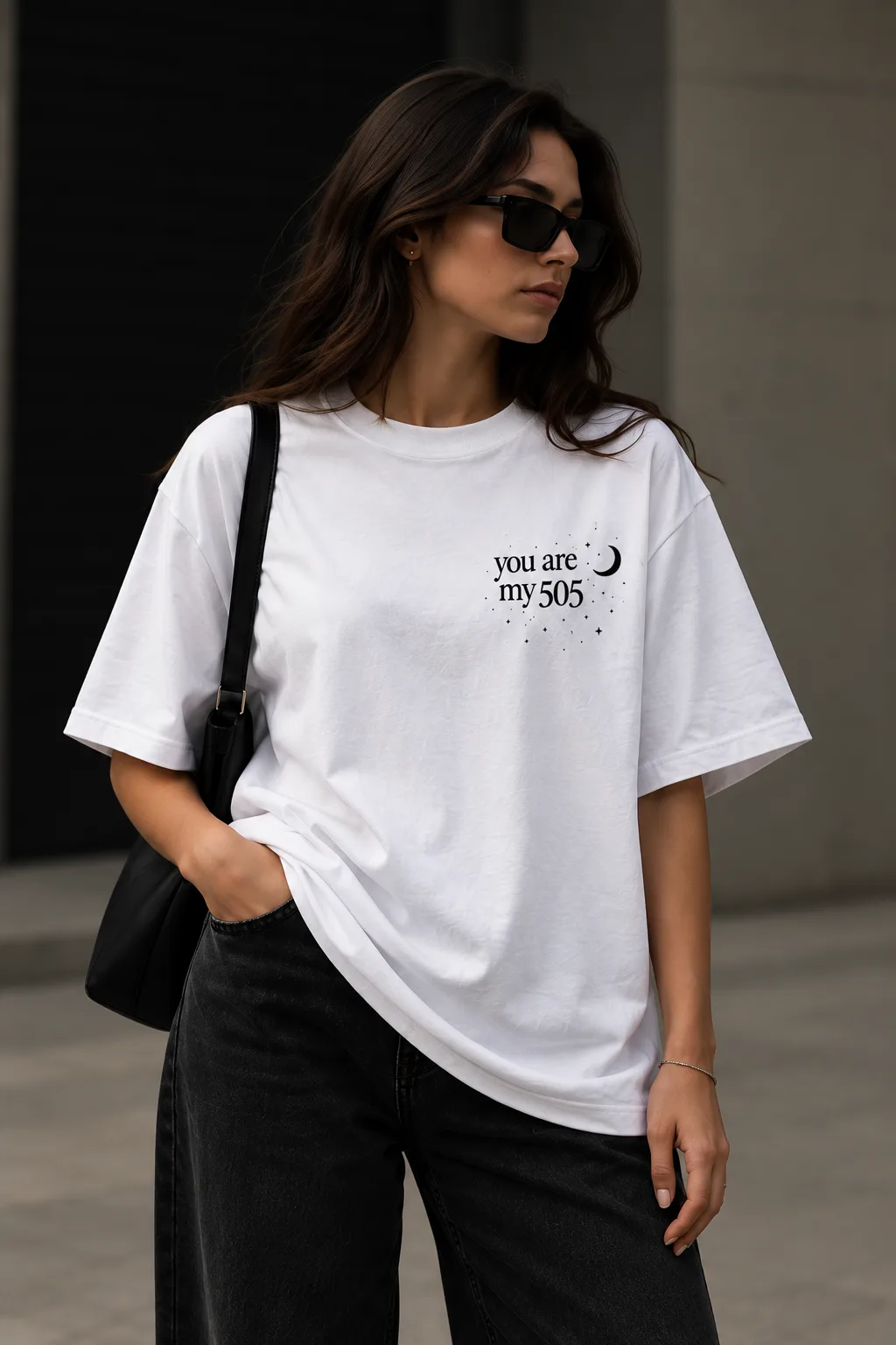 Black and white oversized “You Are My 505” couple T-shirts with matching moon and stars design, shown from front and back with premium fabric details.