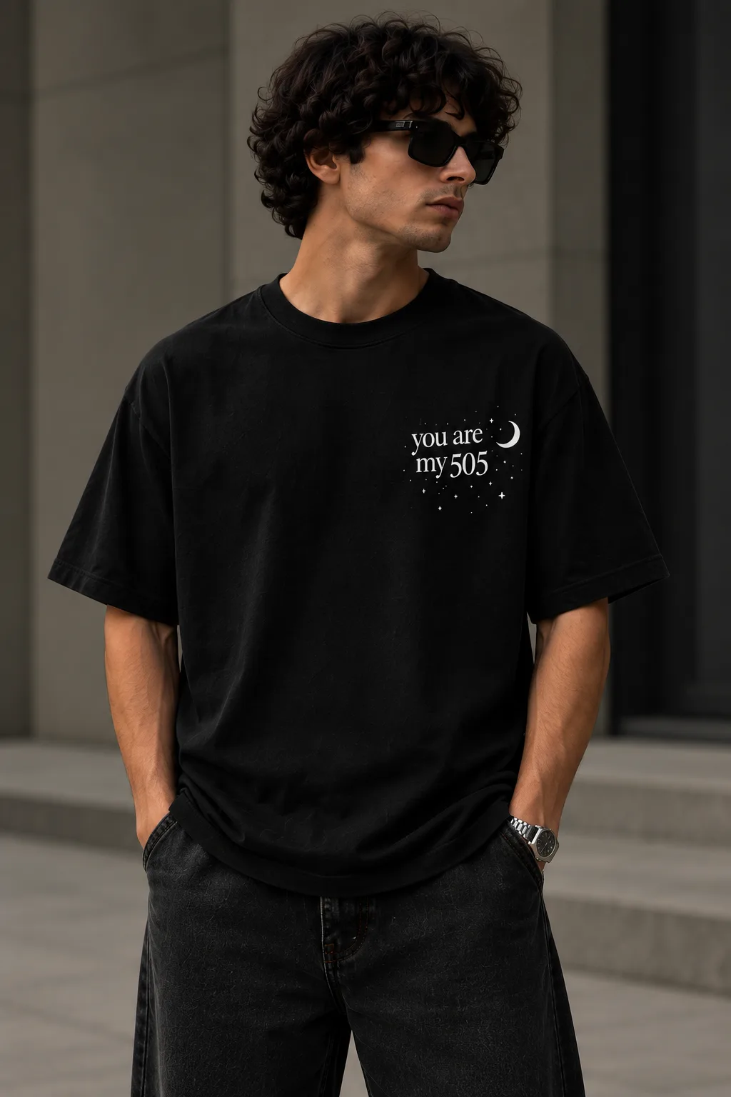 Black and white oversized “You Are My 505” couple T-shirts with matching moon and stars design, shown from front and back with premium fabric details.