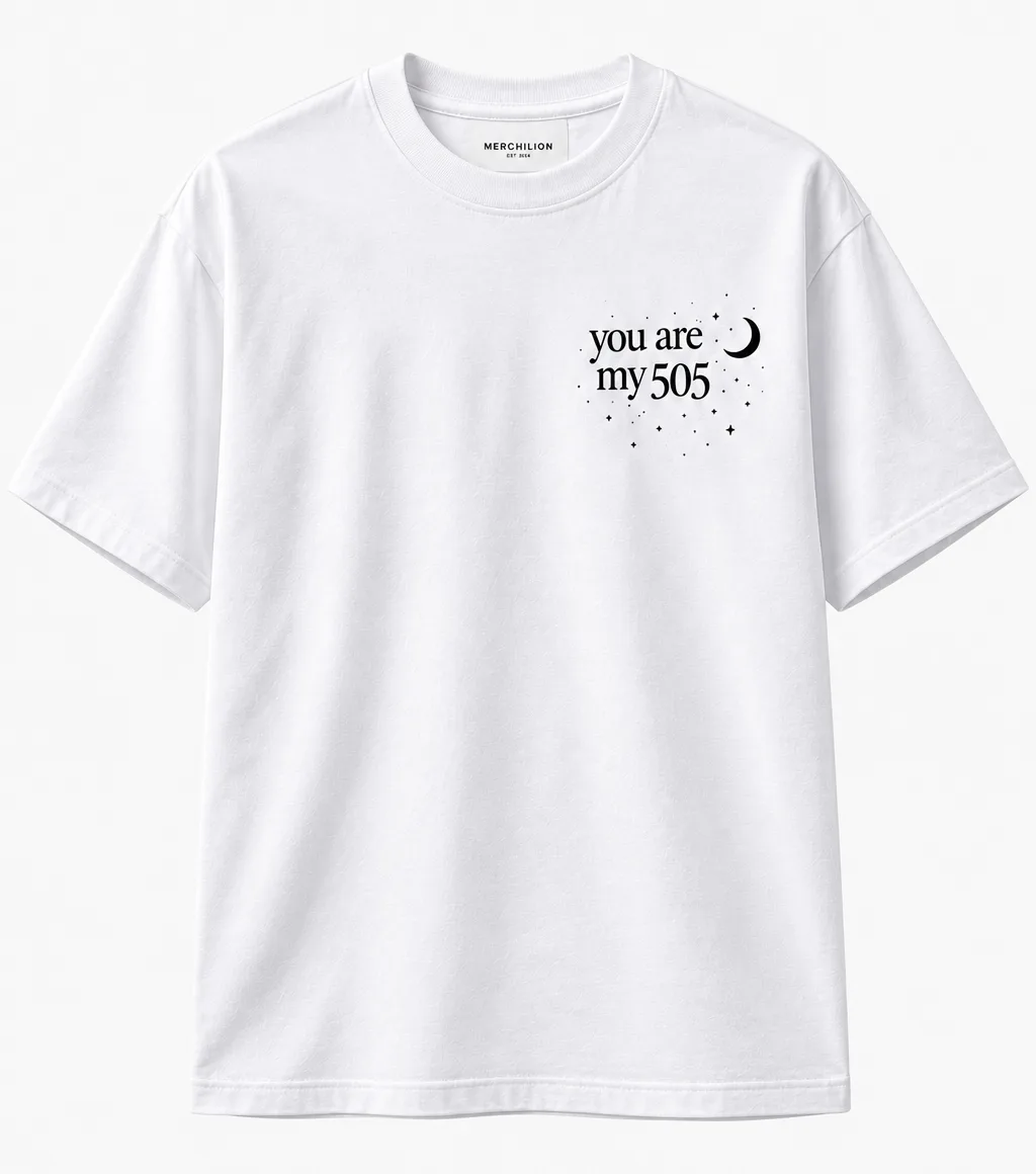 Black and white oversized “You Are My 505” couple T-shirts with matching moon and stars design, shown from front and back with premium fabric details.