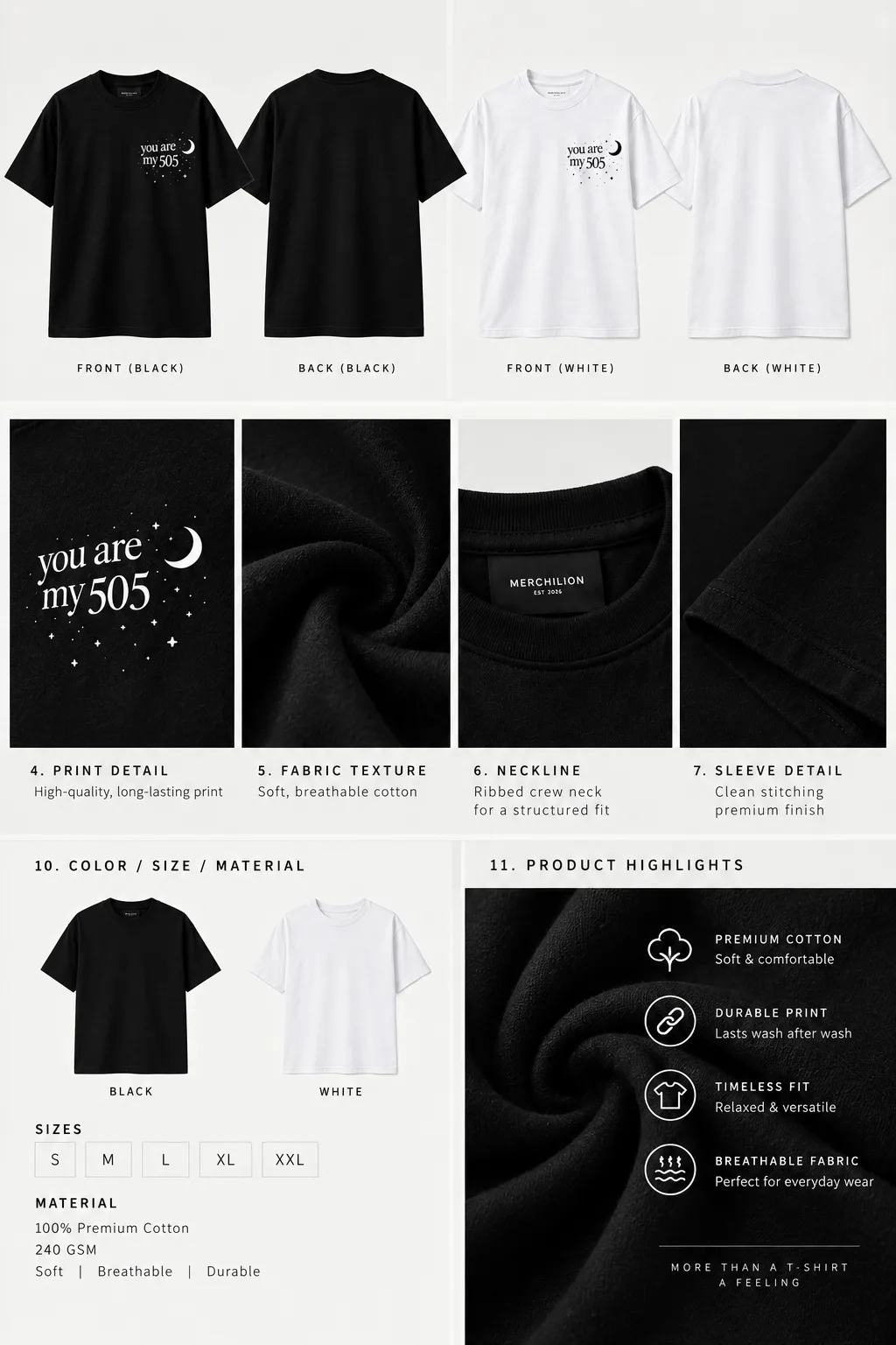 Black and white oversized “You Are My 505” couple T-shirts with matching moon and stars design, shown from front and back with premium fabric details.