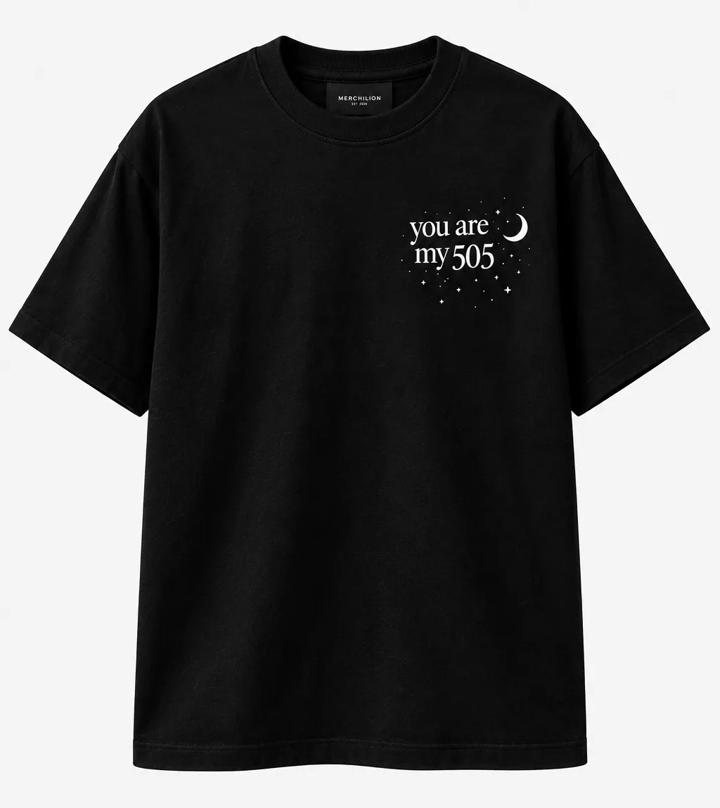 Black and white oversized “You Are My 505” couple T-shirts with matching moon and stars design, shown from front and back with premium fabric details.