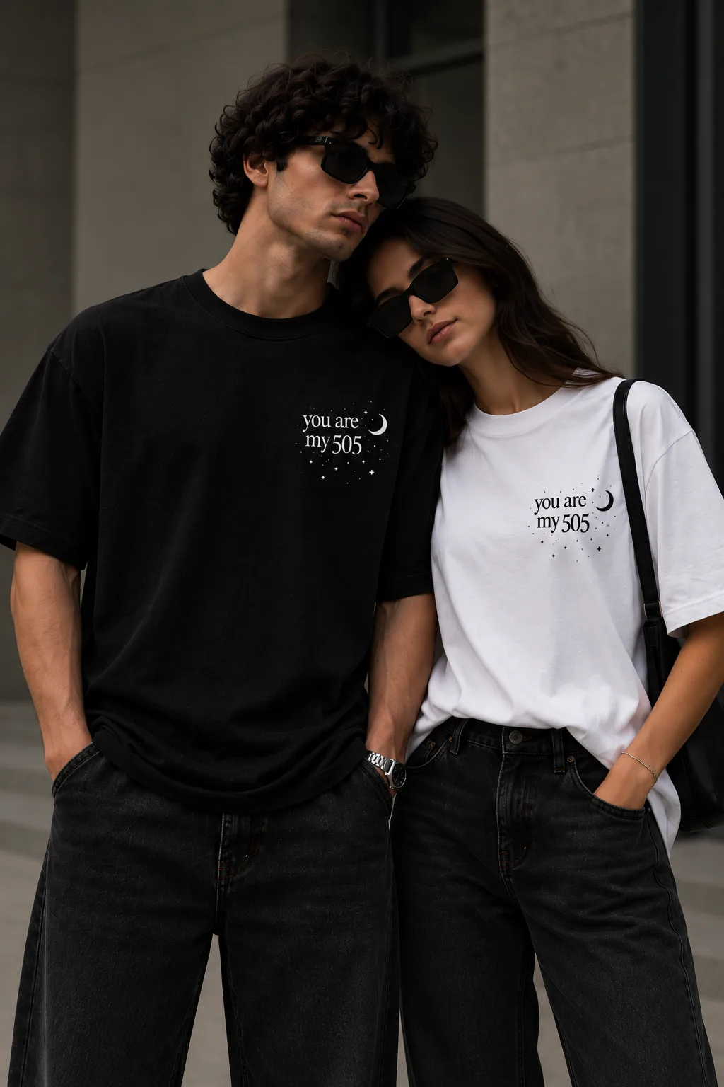 Black and white oversized “You Are My 505” couple T-shirts with matching moon and stars design, shown from front and back with premium fabric details.
