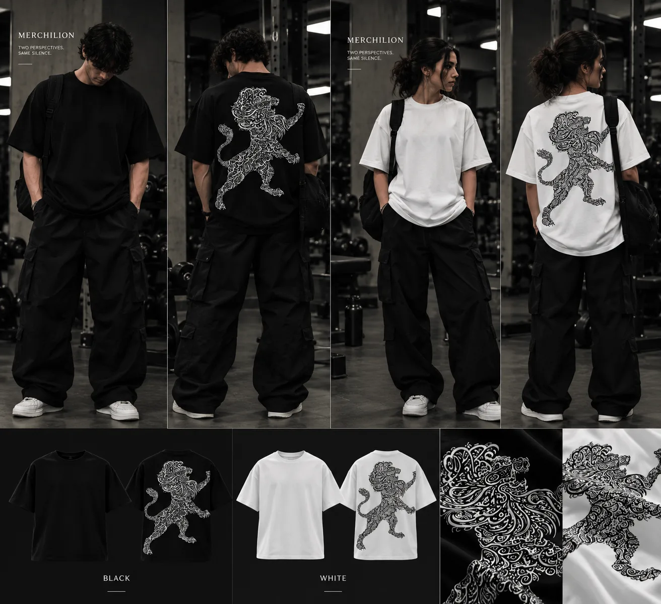 Black and white oversized T-shirts featuring a lion shaped from intricate Arabic calligraphy, blending cultural expression with modern streetwear.