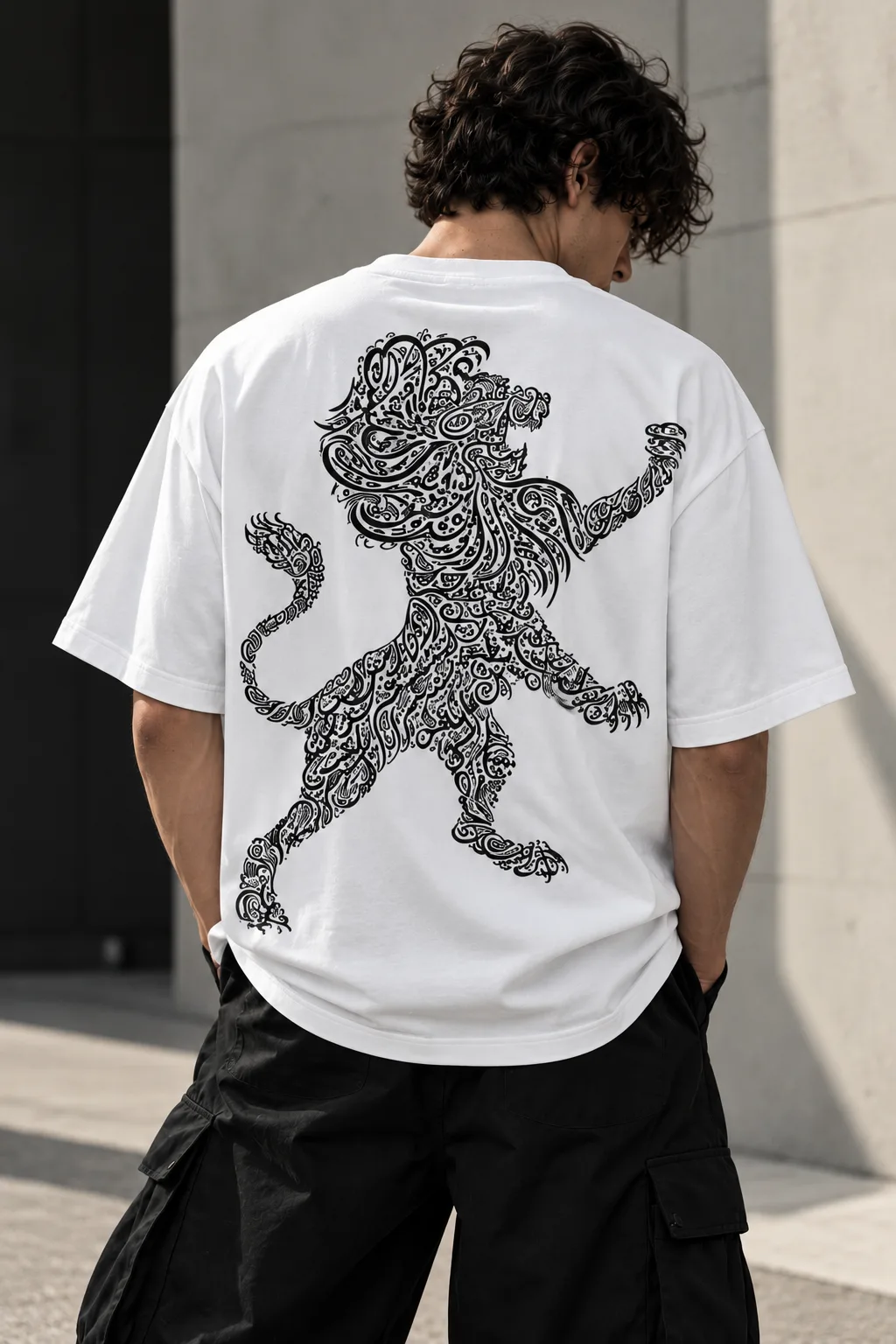 Black and white oversized T-shirts featuring a lion shaped from intricate Arabic calligraphy, blending cultural expression with modern streetwear.