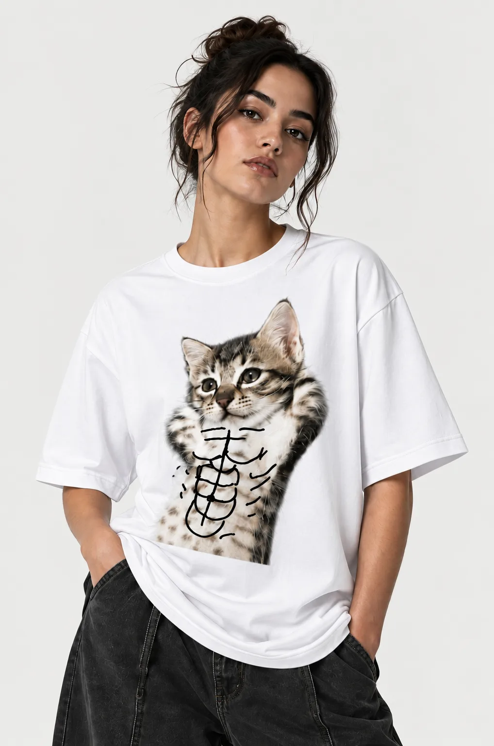 Black and white oversized T-shirts with a playful kitten design, shown with front and back views alongside close-ups of the fabric, neckline, stitching, and design details.