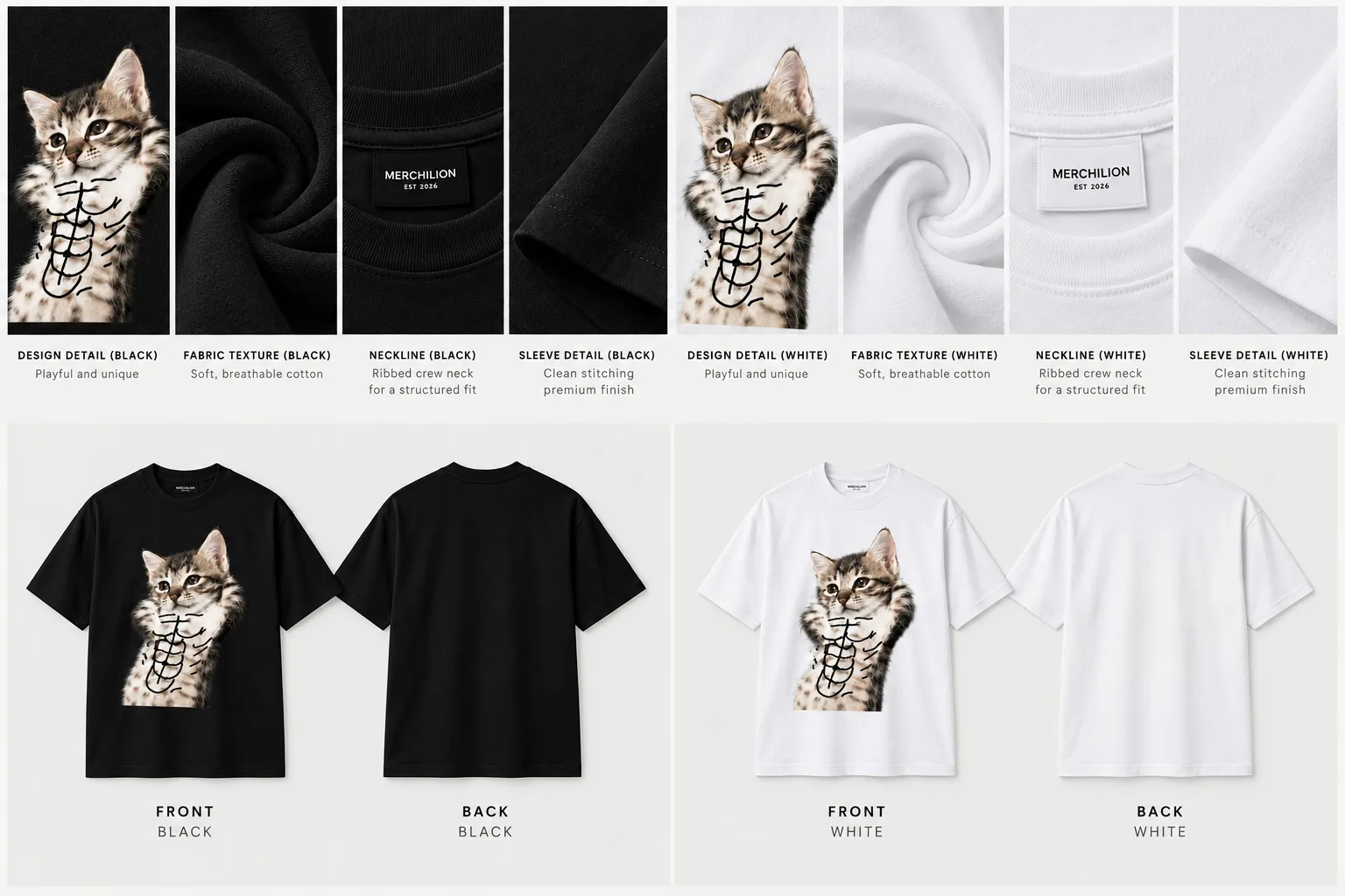 Black and white oversized T-shirts with a playful kitten design, shown with front and back views alongside close-ups of the fabric, neckline, stitching, and design details.