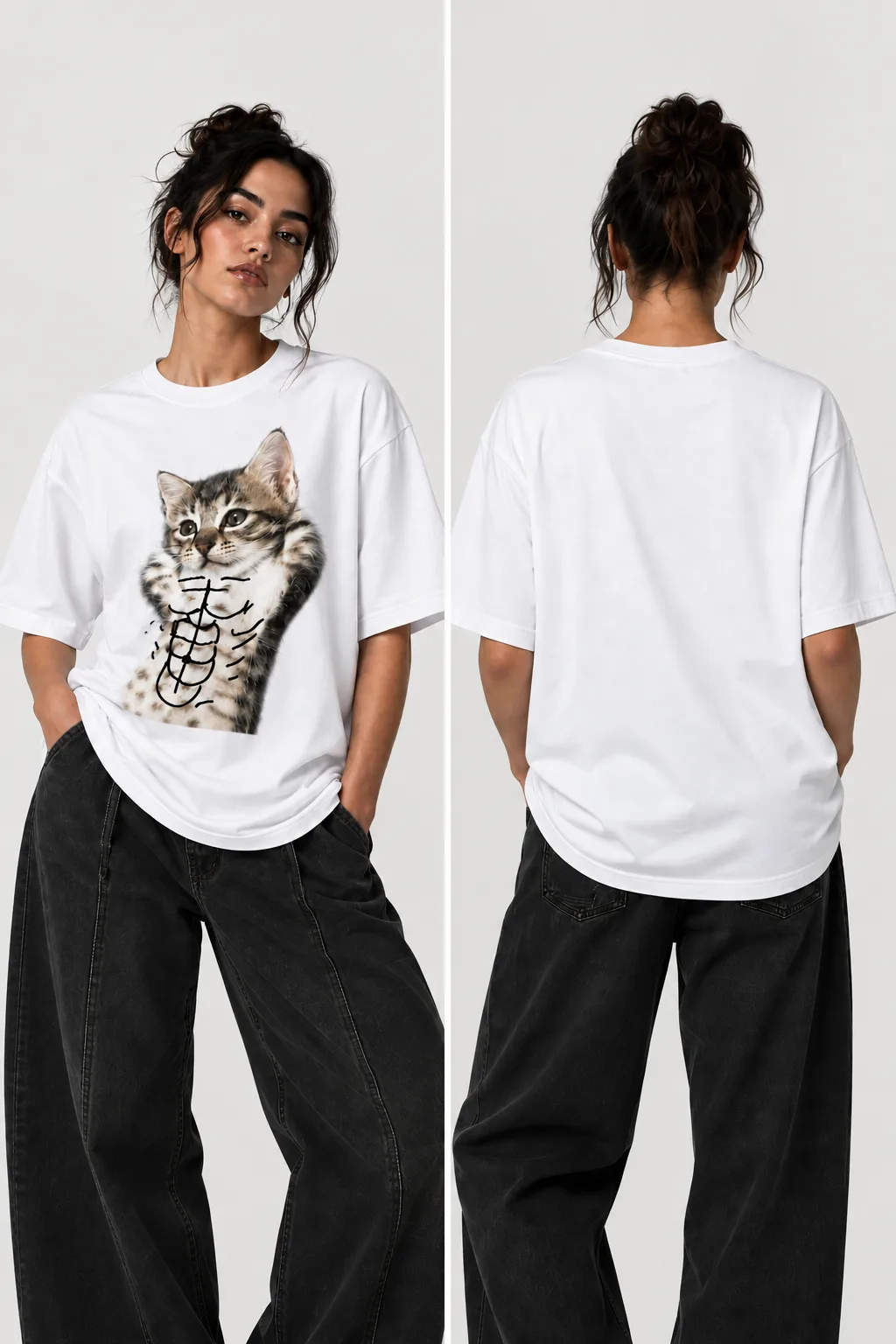 Black and white oversized T-shirts with a playful kitten design, shown with front and back views alongside close-ups of the fabric, neckline, stitching, and design details.