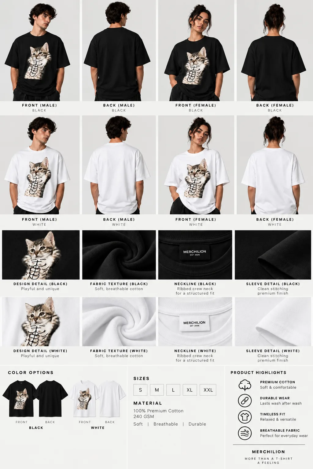 Black and white oversized T-shirts with a playful kitten design, shown with front and back views alongside close-ups of the fabric, neckline, stitching, and design details.