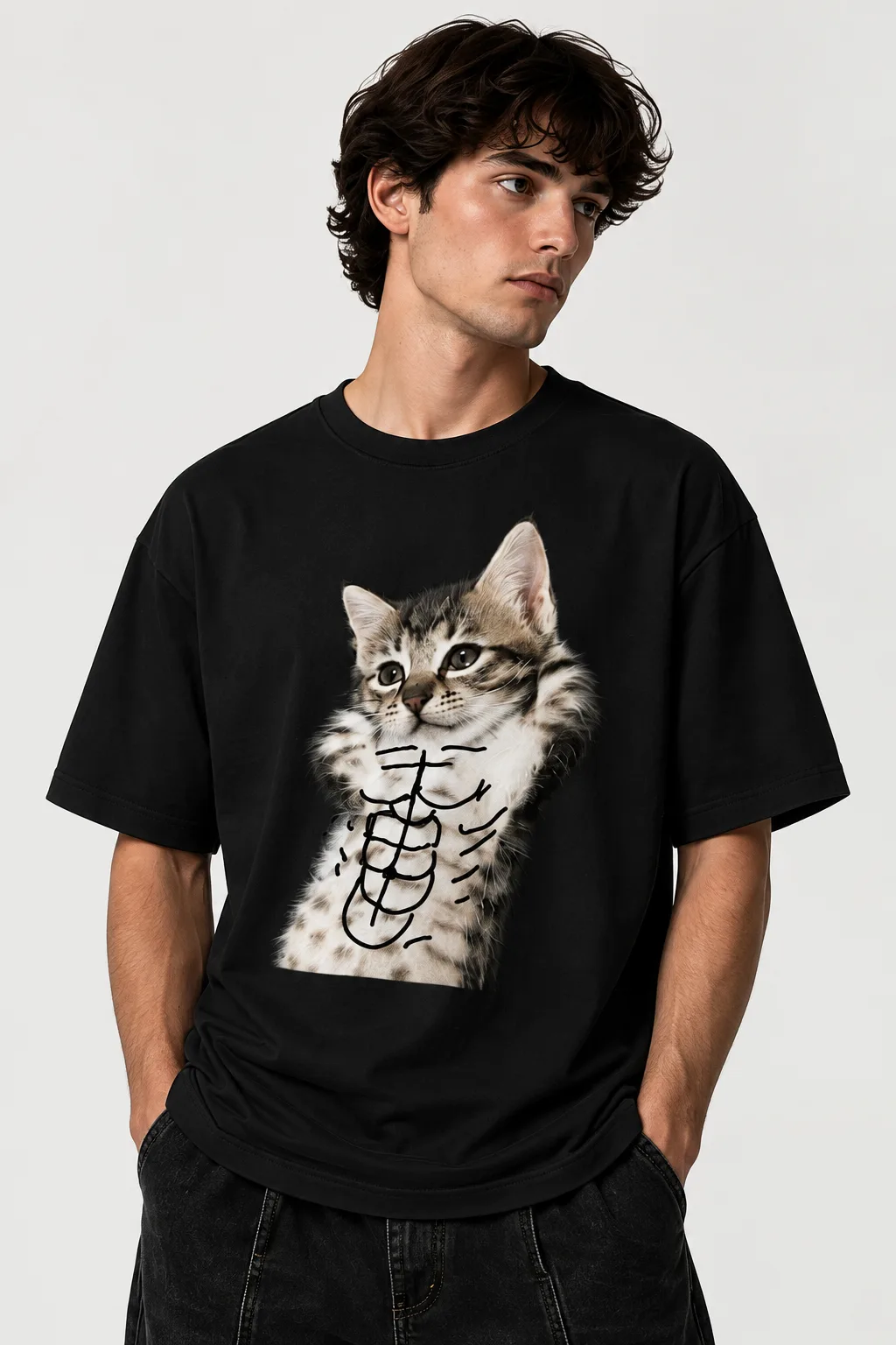 Black and white oversized T-shirts with a playful kitten design, shown with front and back views alongside close-ups of the fabric, neckline, stitching, and design details.