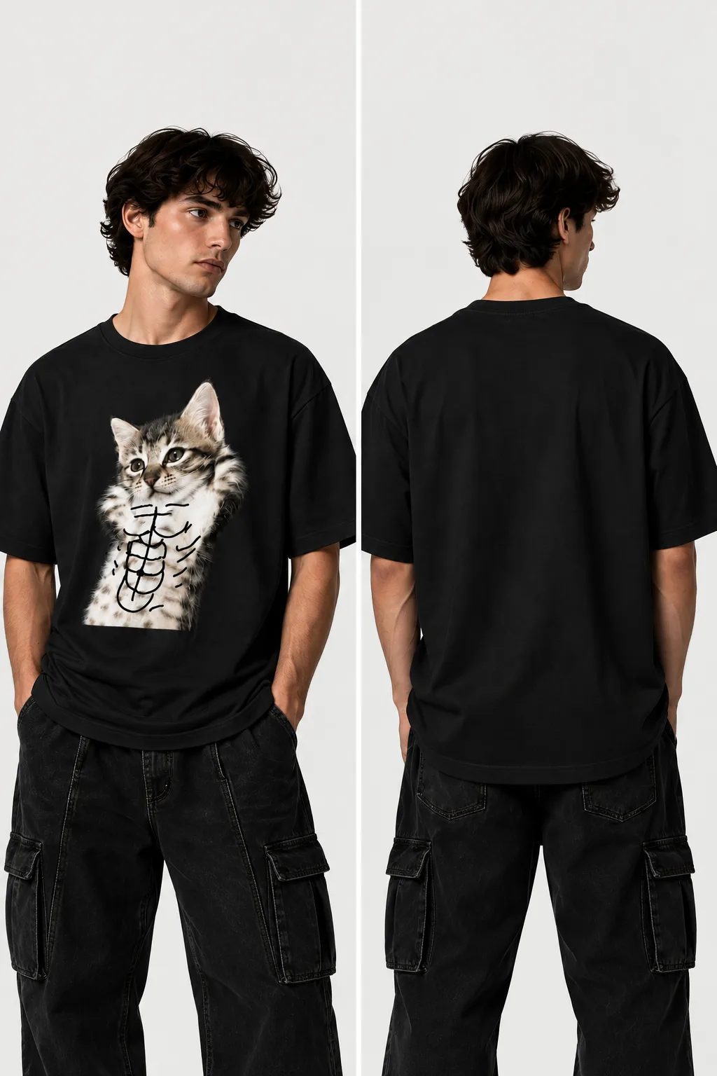 Black and white oversized T-shirts with a playful kitten design, shown with front and back views alongside close-ups of the fabric, neckline, stitching, and design details.