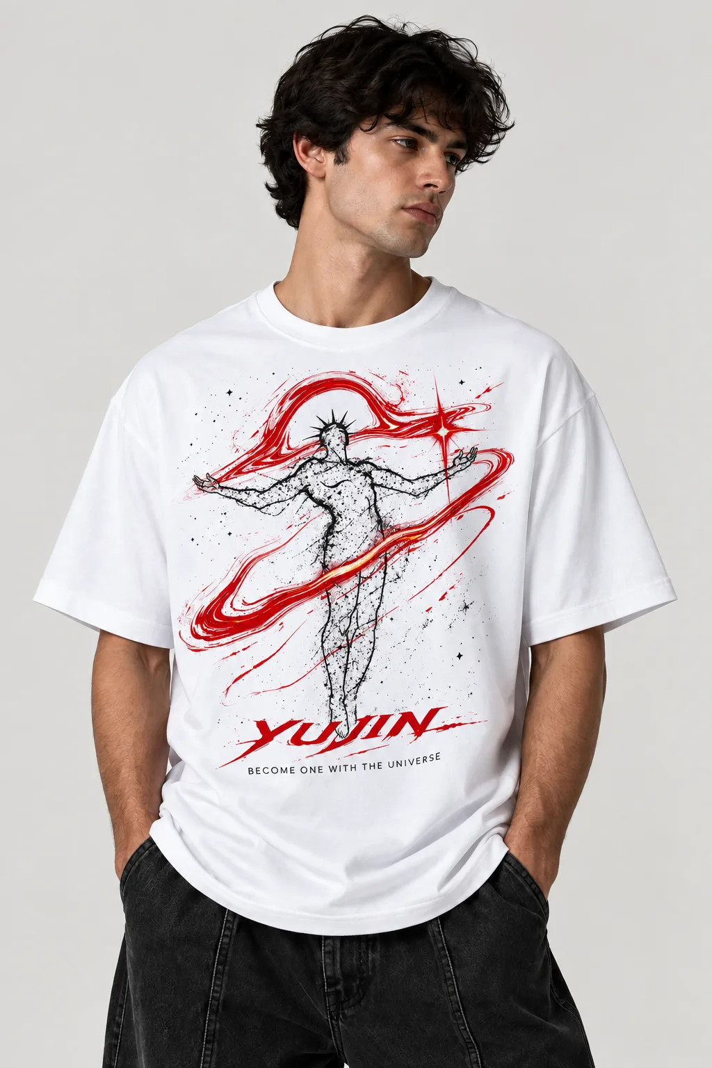 Black and white oversized T-shirt featuring a cosmic human figure surrounded by red energy trails and stars, with “YUJIN” and “BECOME ONE WITH THE UNIVERSE” across the front.