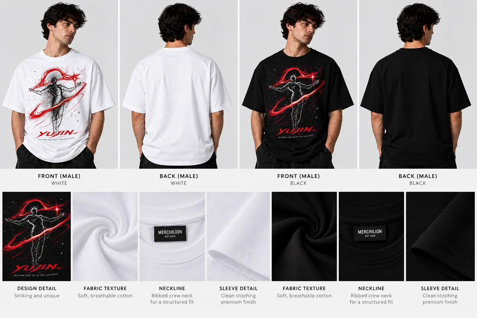 Black and white oversized T-shirt featuring a cosmic human figure surrounded by red energy trails and stars, with “YUJIN” and “BECOME ONE WITH THE UNIVERSE” across the front.