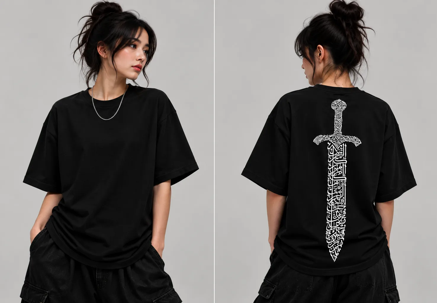 Oversized black and white streetwear T-shirts featuring a vertical sword design formed from intricate Arabic calligraphy on the back, with a clean, blank front.