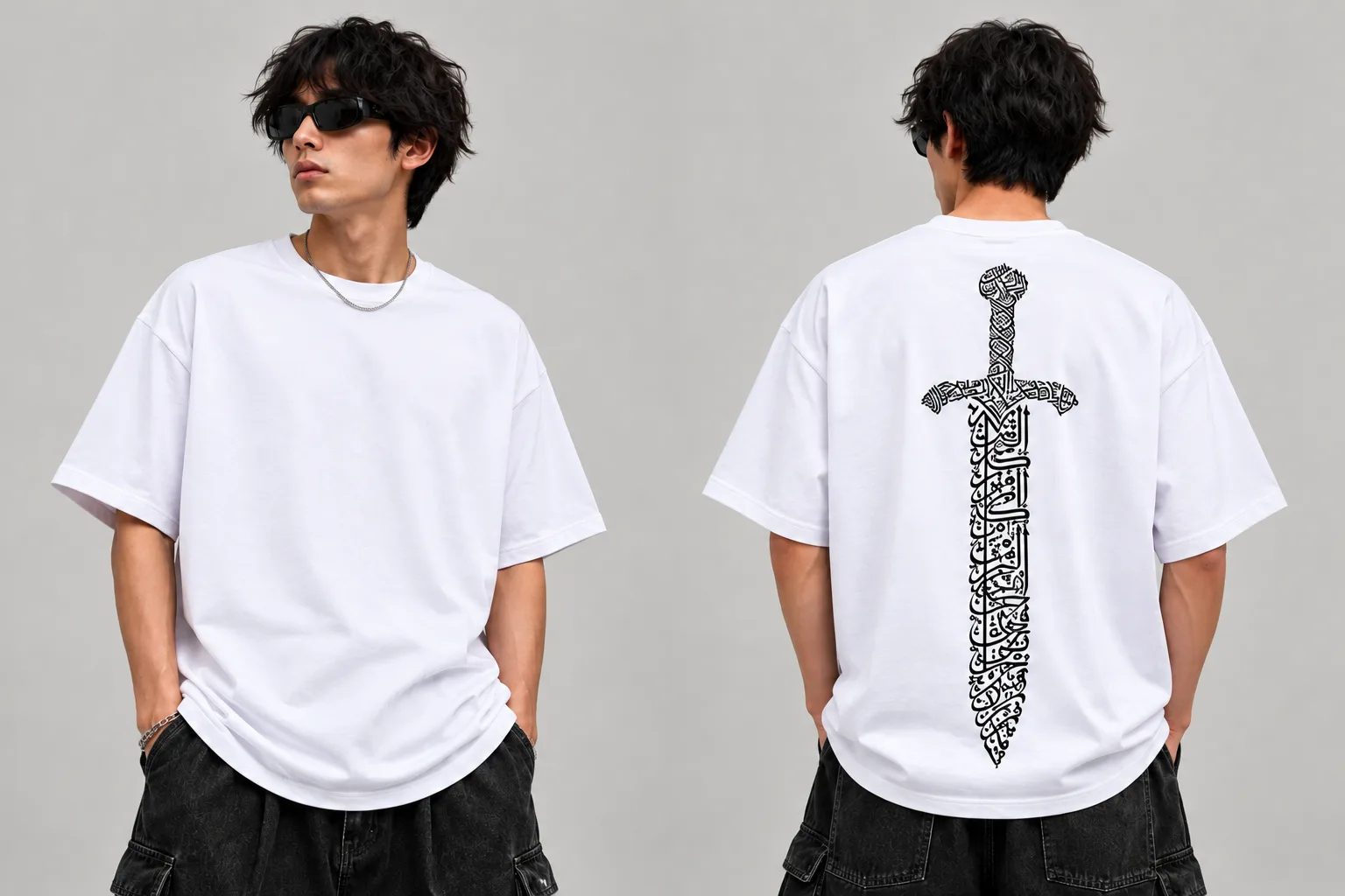 Oversized black and white streetwear T-shirts featuring a vertical sword design formed from intricate Arabic calligraphy on the back, with a clean, blank front.
