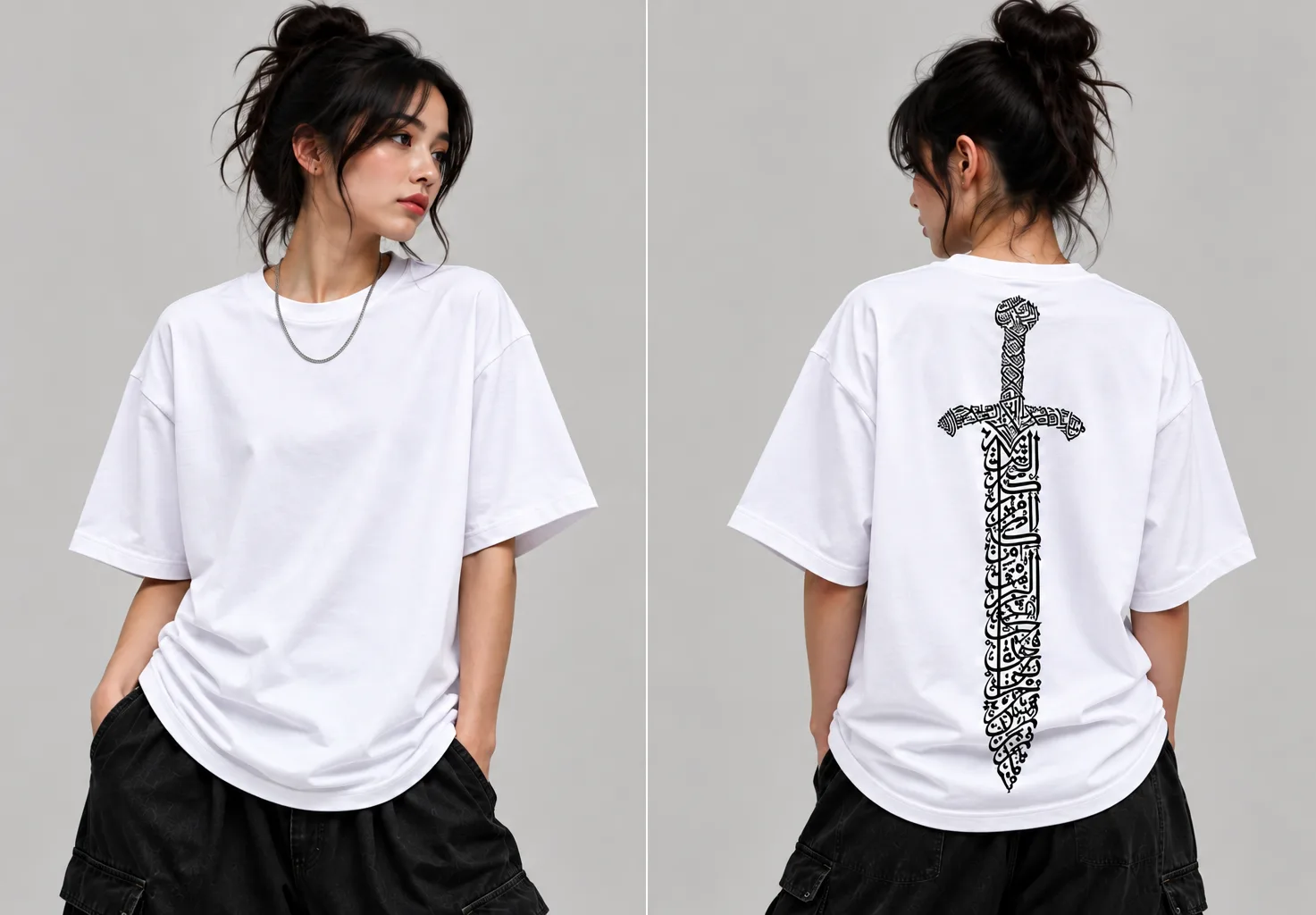 Oversized black and white streetwear T-shirts featuring a vertical sword design formed from intricate Arabic calligraphy on the back, with a clean, blank front.