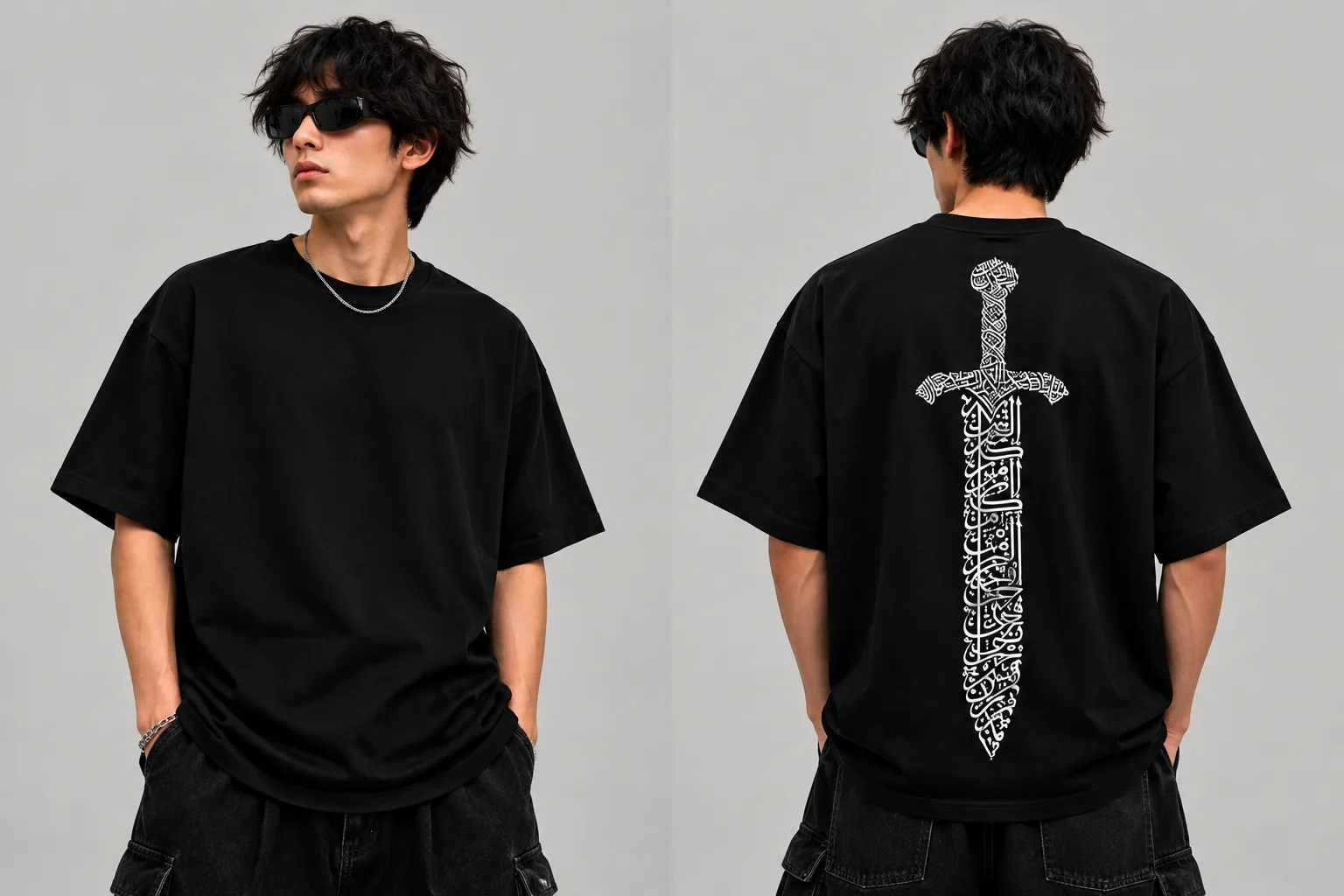Oversized black and white streetwear T-shirts featuring a vertical sword design formed from intricate Arabic calligraphy on the back, with a clean, blank front.